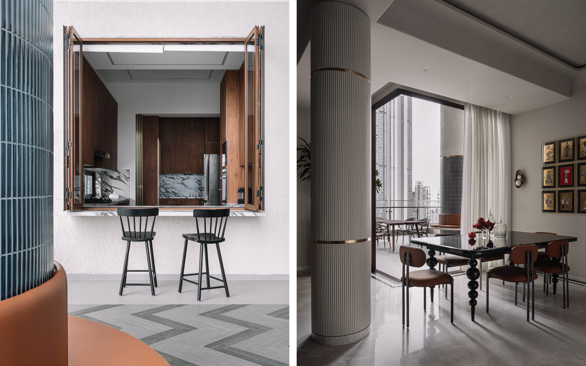 Left: The kitchen is by Kitchen Studio with stunning windows opening into a breakfast nook on the terrace. Right: The dining space opens up into the double-height terrace, expanding the space even further. (Image Credits: Ishita Sitwala)