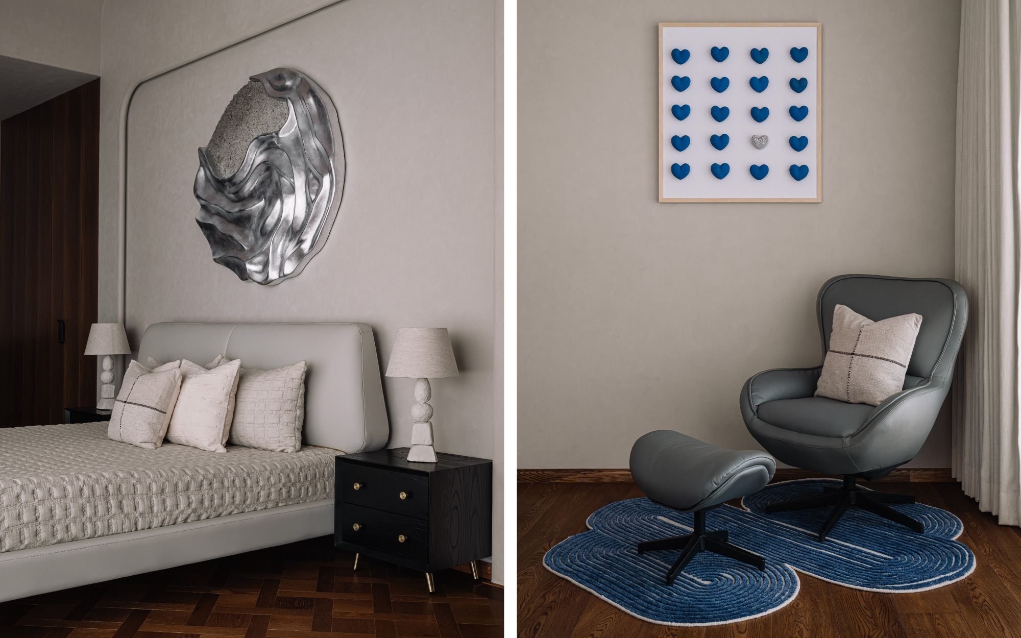 Left: Soft and subtle elements such as the bed from Soisu and the bedside tables from Blueloft are paired with a contrasting metallic artwork by Prityanshi Aggarwal in the master bedroom. Right: The lounge chair becomes the perfect addition of colour to the space. (Image Credits: Ishita Sitwala)