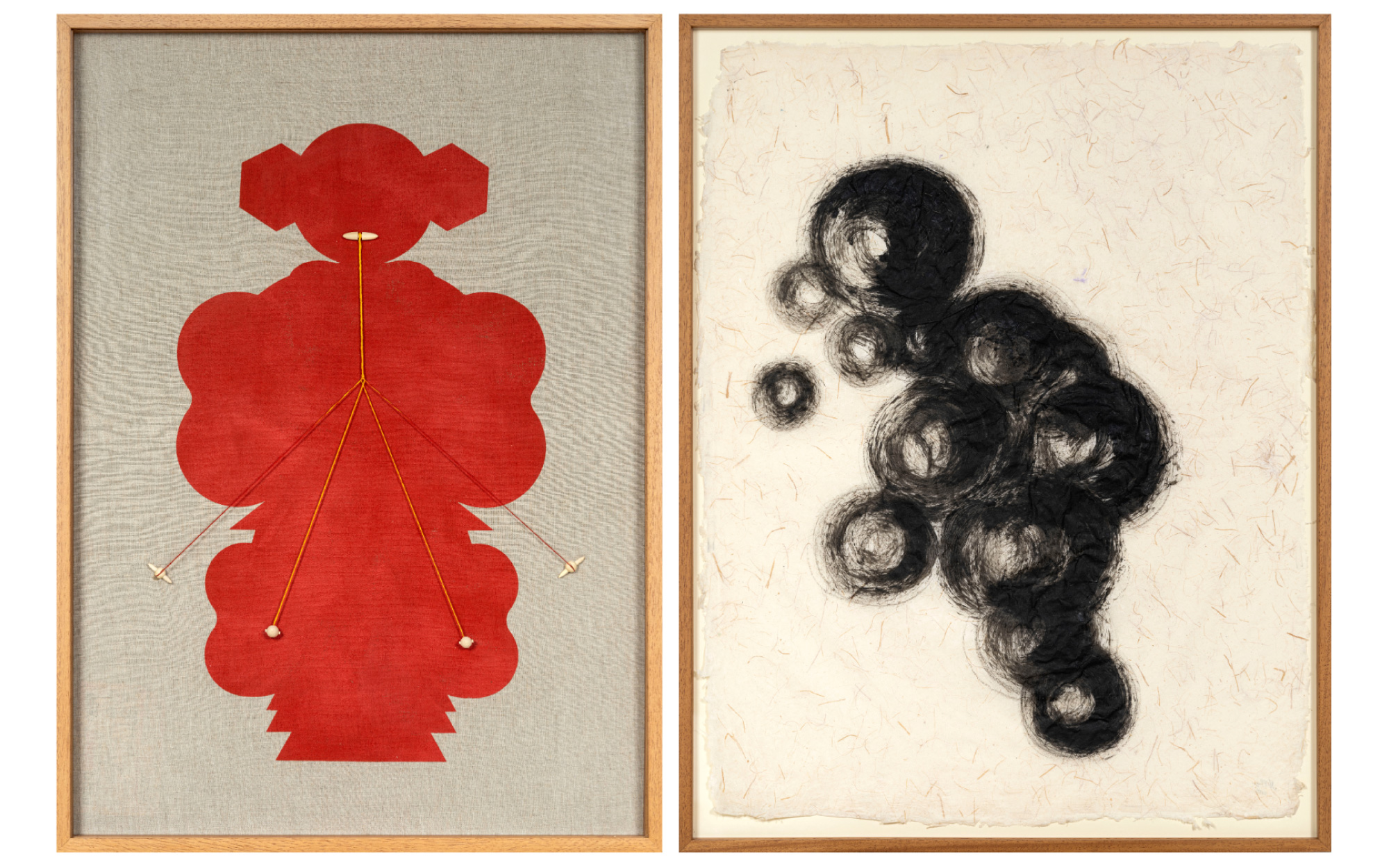 (L) Rituals New Series 3 by Natasha Preenja, 2025, Kumkum, acrylic, Iinen, moli (sacred thread), and ankudu wood; (R) Drawings Studies 3 by Natasha Preenja, 2025, Homemade kajal on banana paper. (Copyright of Natasha Preenja, 2025, Image courtesy of Natasha Preenja and TARQ)