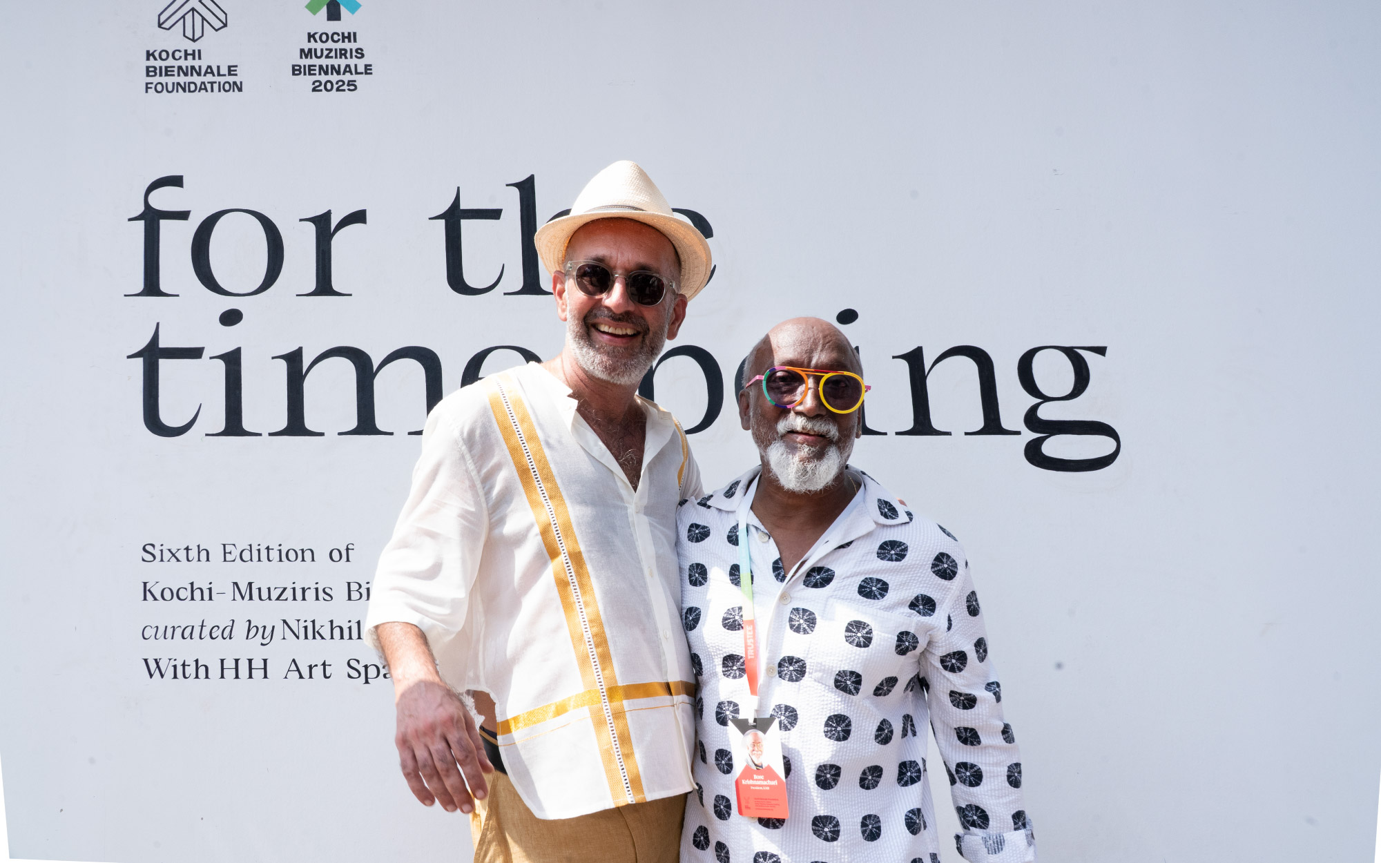 Curator Nikhil Chopra and Founder Member and President Bose Krishnamachar in front of this year’s Biennale theme at Aspinwall.(Image Credits: Kochi Biennale Foundation.)