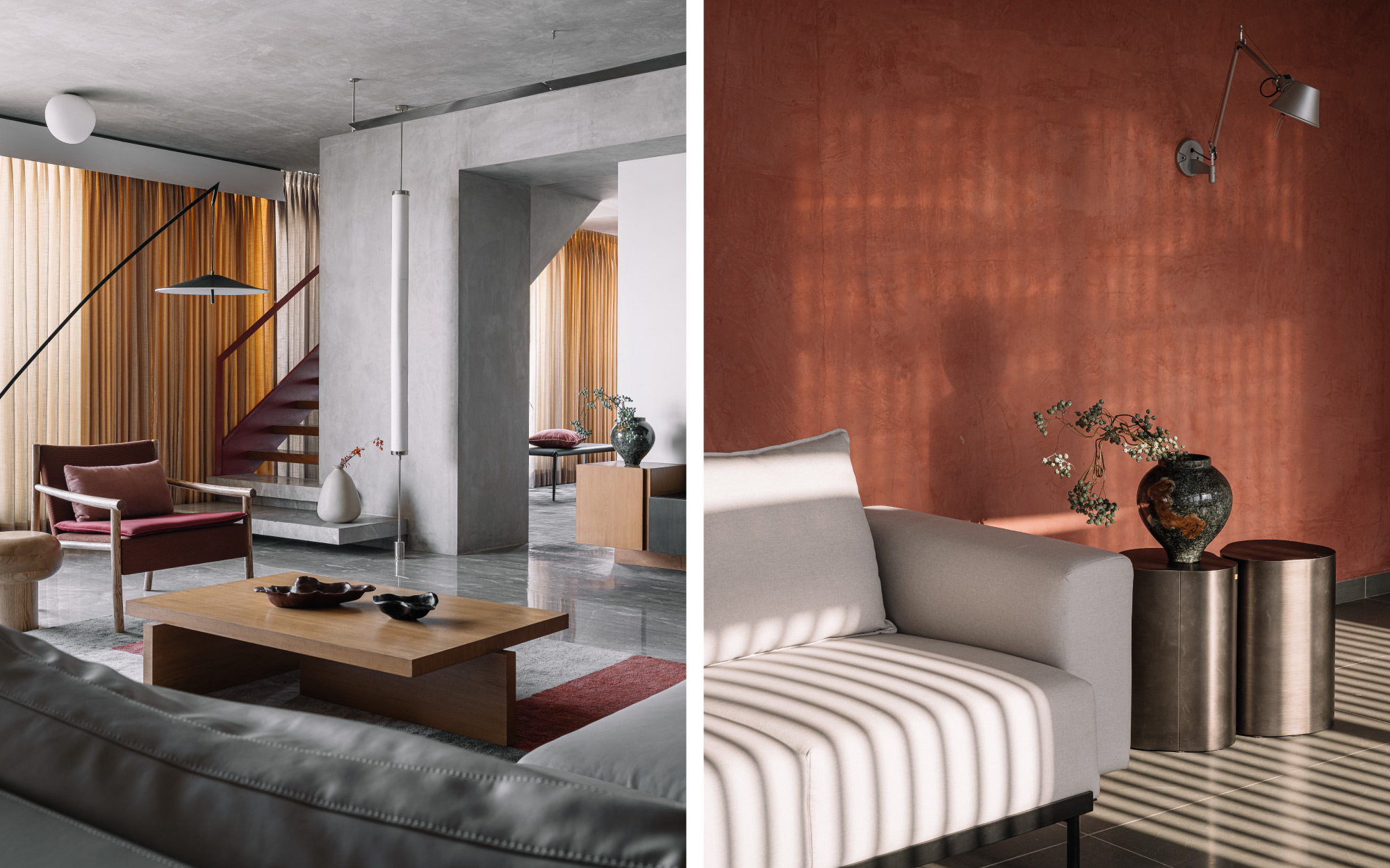 A casual lounge at the upper level of the home is accessed via stairs from the living room. The louvred facade invites the fleeting play of light and shadow that casts a comforting and visually rich reflection in the lounge. The vase is by Shiv Dhara India. (Image Credit: Ishita Sitwala)
