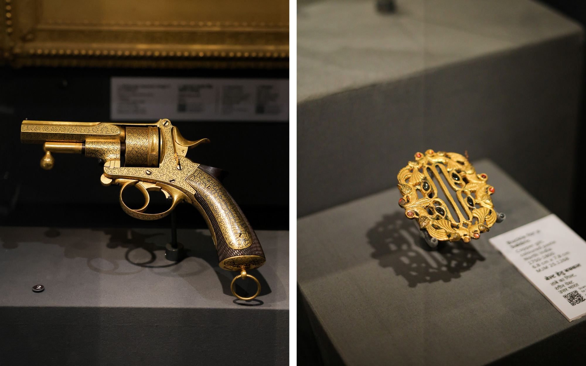 Left: The gun is finished in Usta Kaam, a traditional and intricate decorative art from Bikaner, exemplifying the intricate craftsmanship of Rajasthani artisans. Right: A brass belt buckle from the northern region of the country is punctuated with precious gemstones. (Image Credits: City Palace Museum)