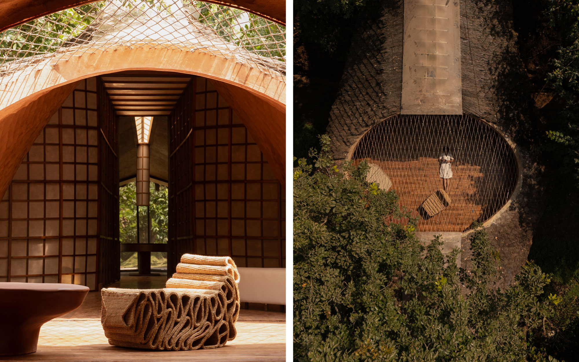 Left: The living area features chairs shaped by folded carpets woven with fibres spun from PET bottles and discarded fishing nets. Right: The roof is crafted from a layered mud-and-thatch composite, pierced by crisscrossed steel cables covered with acrylic sheet that draws light into the interiors, while creating a suspended framework for alfresco living. (Image Credits: Studio IKSHA)