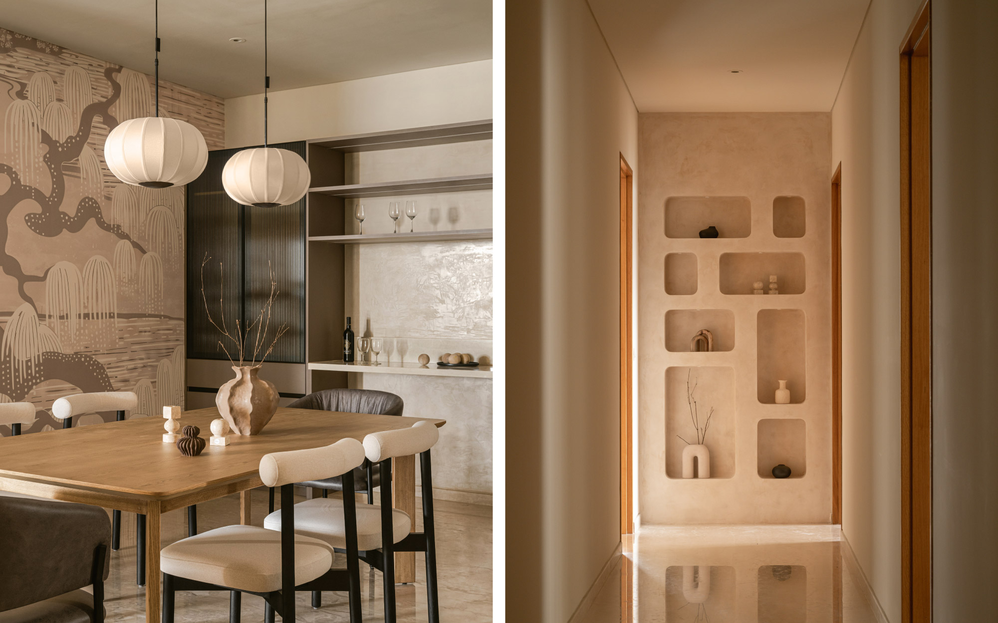 Left: A striking wall tapestry from Moire lends the dining zone its flamboyant note, as pendant lights from Clay Mango hover above. The crockery unit is sourced from Oaktree. Right: At the far end of the passage, an interplay of recessed niches and muted textures morphs circulation into a gallery-like moment. (Image Credits: Nayan Soni)