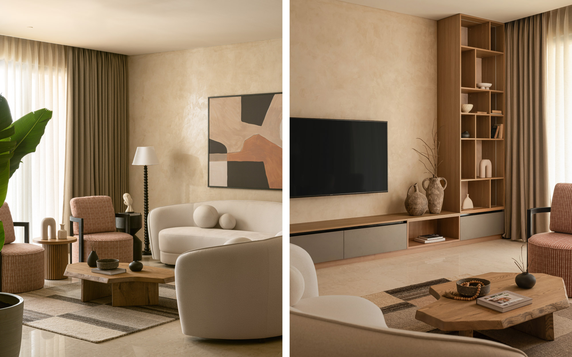 Left: Within the living space, a plethora of curated elements enrich the serene milieu, such as an abstract artwork from Arte’venue, a floor lamp from Gulmohar Lane, and a rug from Obeetee. Right: Awash in earthy finishes, a streamlined media unit grounds the living space, featuring accessories from Ellementry and H&M Home. (Image Credits: Nayan Soni)