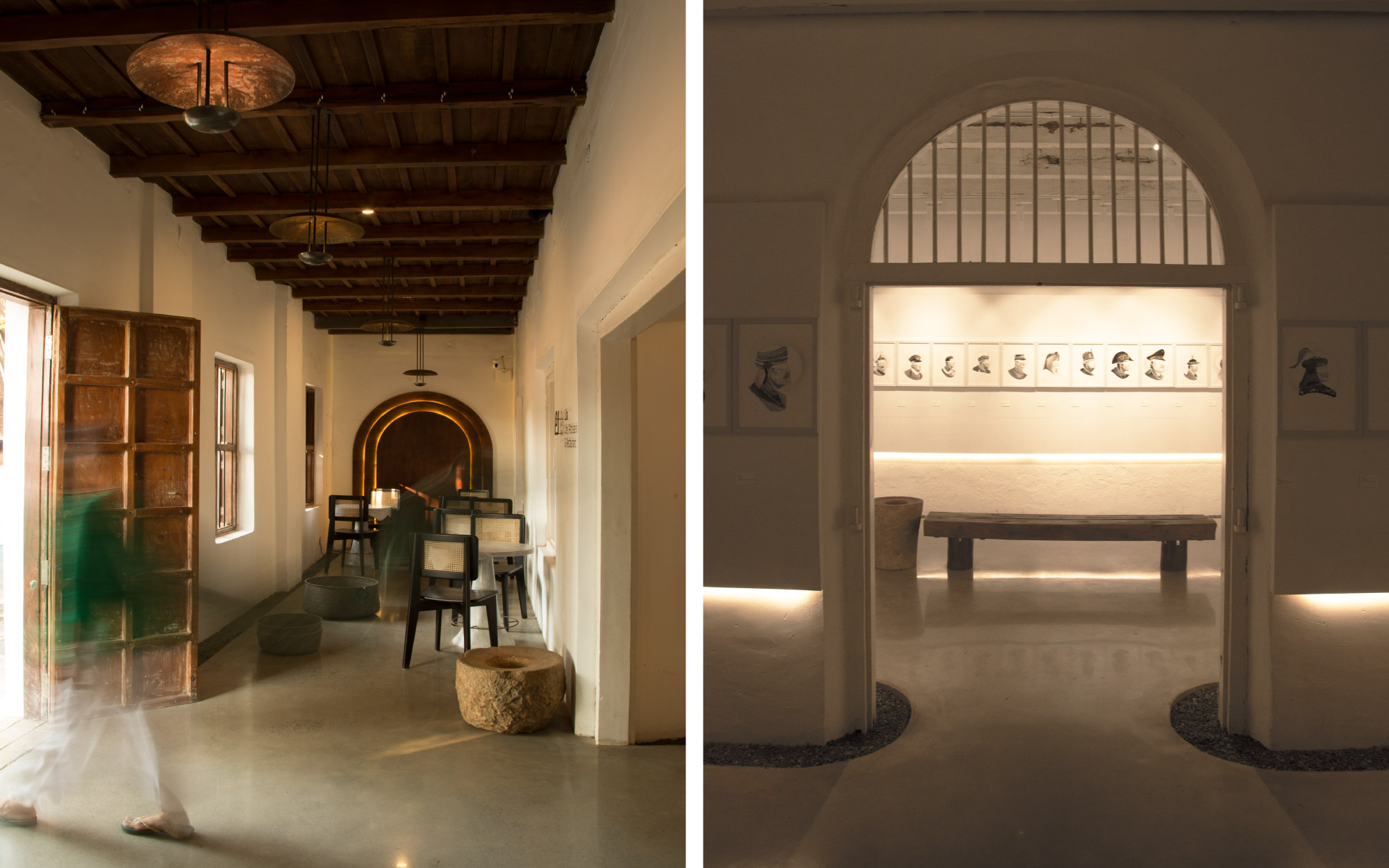 Inside the cafe, along both sides of the entrance, is space for an art gallery inside a wooden sculpture also designed by Parinamah, which greets visitors, and works of art continue to adorn the lime plastered walls inside. (Image Credits: Parinamah)