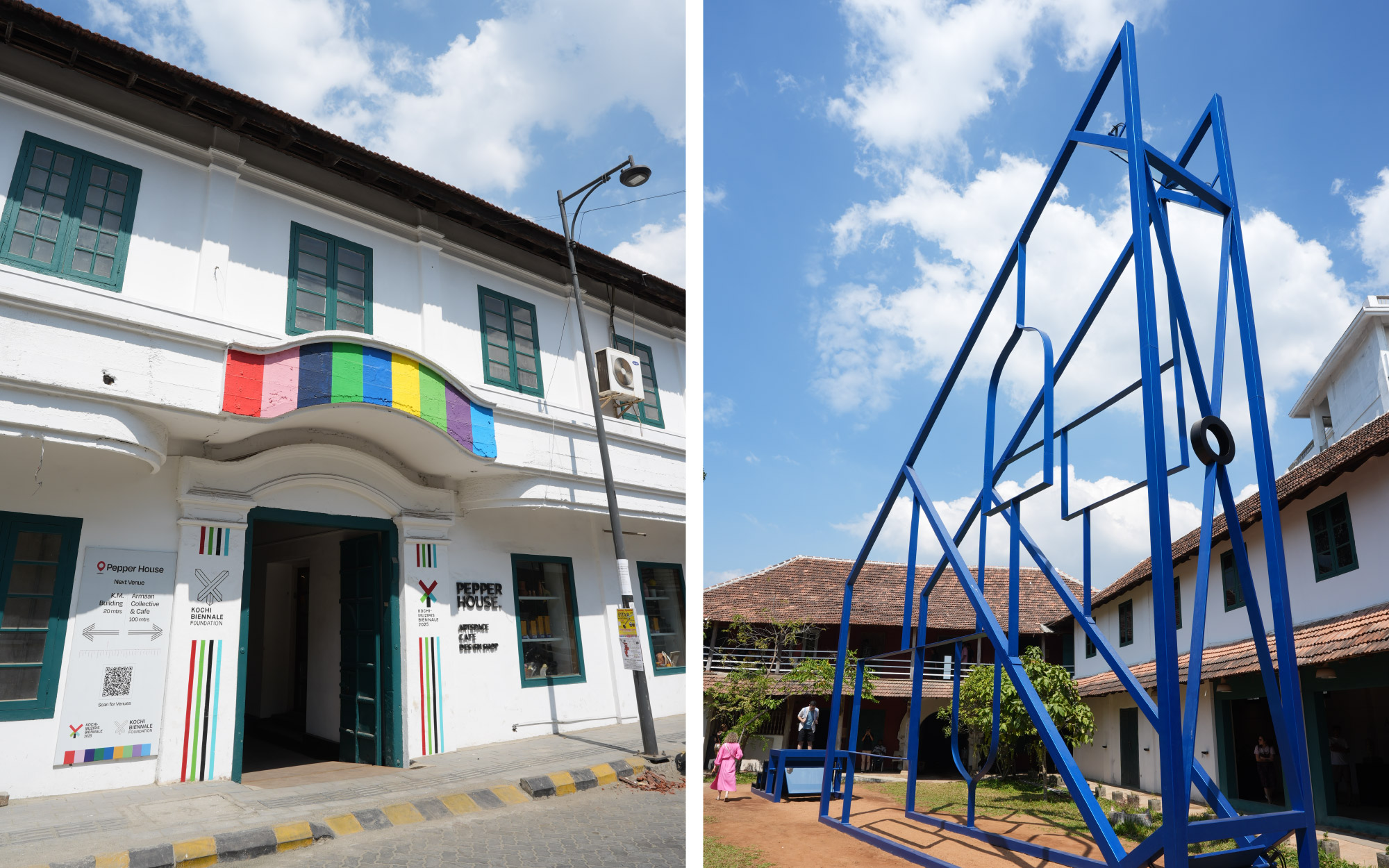 Left: Located in Fort Kochi, Pepper House is a multidisciplinary space celebrating Bauhaus-inspired learning through making and should be on your Kochi itinerary. Right: A second iteration of ‘Yantra (32°N/Horizon),’ a public sculpture by Utsa Hazarika, crafted from metals and mirrors, is on view here. (Image Credits: Pepper House)