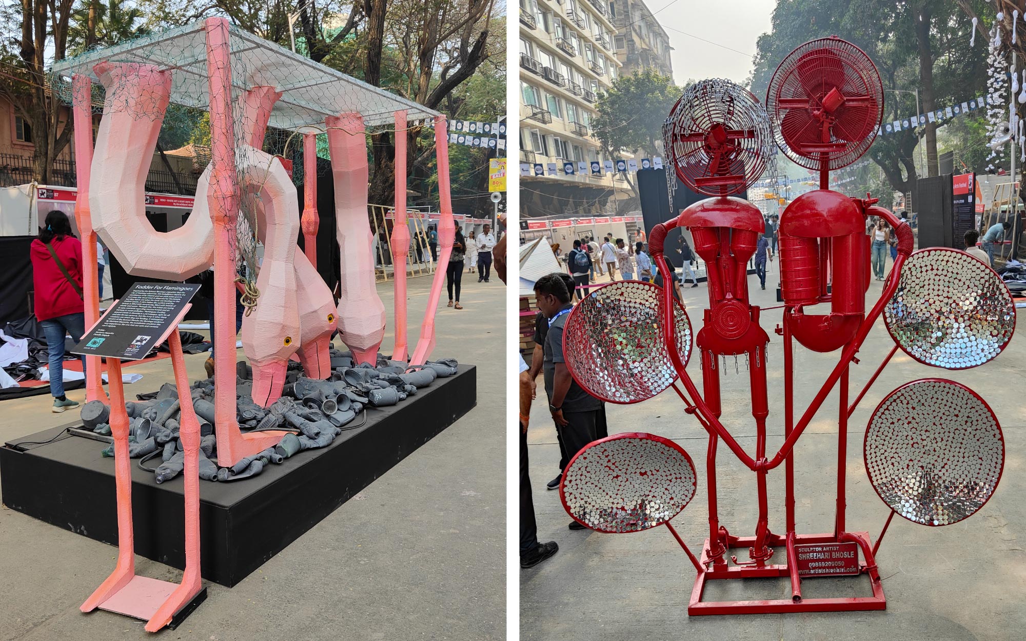 Left: At KGAF 2024, Santanu Hazarika’s Fodder for Flamingoes draws from Mumbai’s flamingo migration to expose the polluted riverbeds that lie beneath this picturesque spectacle. Right: At KGAF 2024, Sculpted Affection: Resilience in Love’s Alloy by Shreehari Bhosale explores love through the resilience and beauty of intertwined metal scrap. (Image Credits: Brinda Miller)