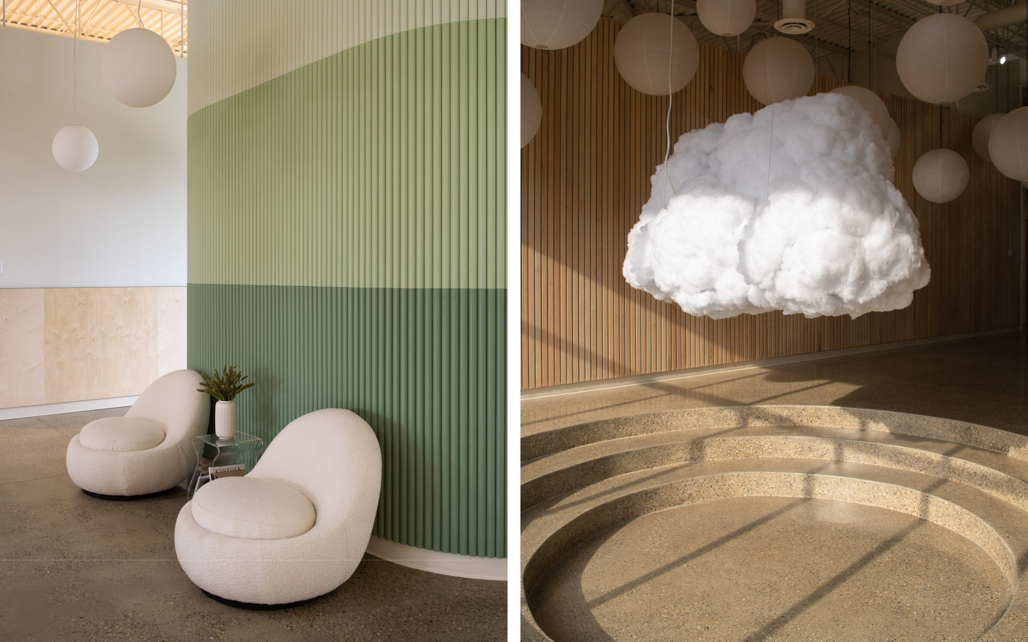 A fluted tile wall and fun elements in the daycare centre designed by Alyssa Anselmo.