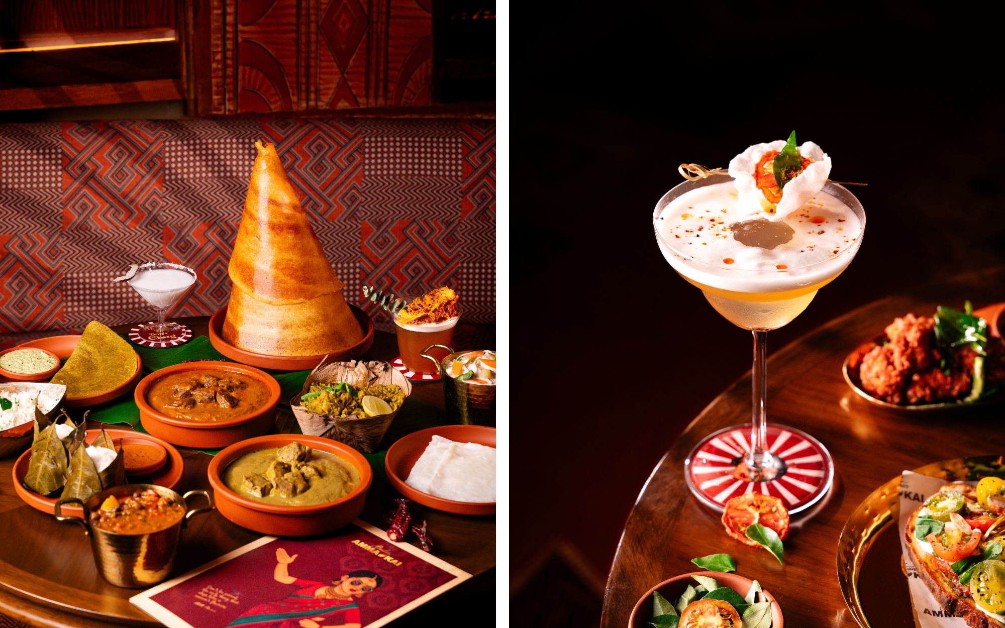 The ghee roast, marinated with Byadgi chillies, is rich and succulent; the Coorgi pandi curry, layered with the depth of kachampuli vinegar, pairs well with spice-laden signature cocktails. (Image Credit: Ammakai)