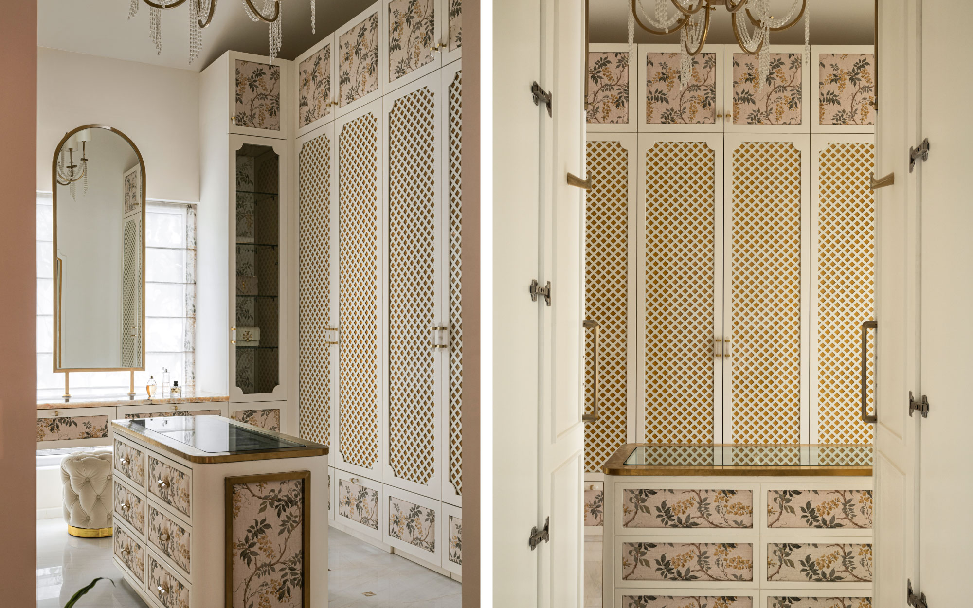 Left: Framed by arched mirrors and bathed in filtered daylight, this walk-in wardrobe becomes a theatrical yet personal dressing chamber. Right: Vintage undertones, muted hues, and delicate detailing create a wardrobe that is confident, joyful, and deeply personal. (Image Credits: Nayan Soni)