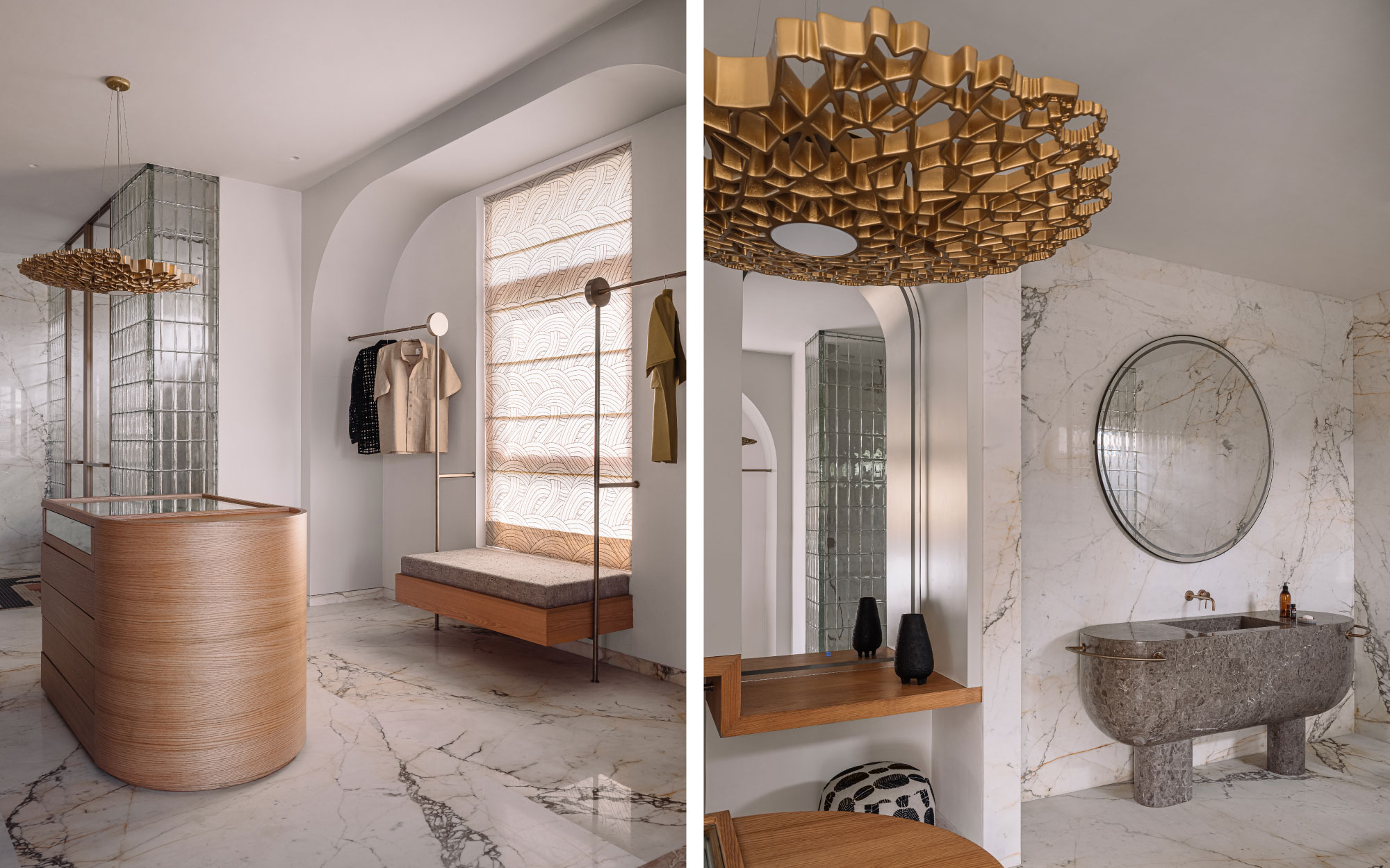 Left: Defined by arches and sculptural recesses, the walk-in wardrobe reads as an architectural extension of the home’s narrative. Right: Museum-like in spirit, niches and layered detailing create a fluid yet disciplined space where movement and form coexist seamlessly. (Image Credits: Ishita Sitwala)