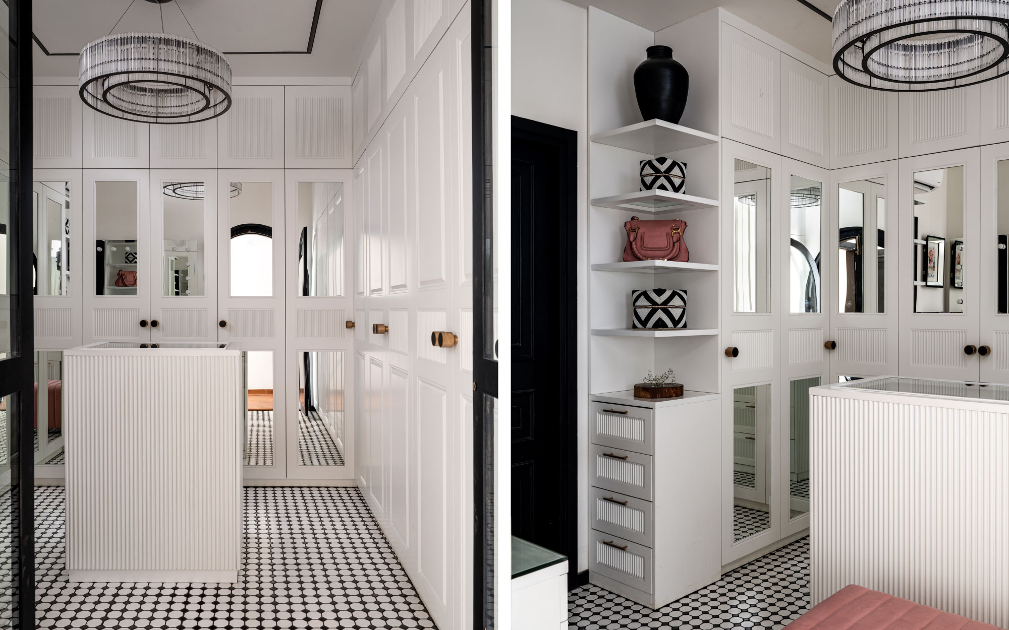 Left: Black-and-white mosaic tiles take centre stage, anchoring the wardrobe with bold geometry and quiet sophistication. Right: A central fluted island and curated storage compose a harmonious whole where detail becomes the true protagonist. (Image Credits: Nayan Soni)