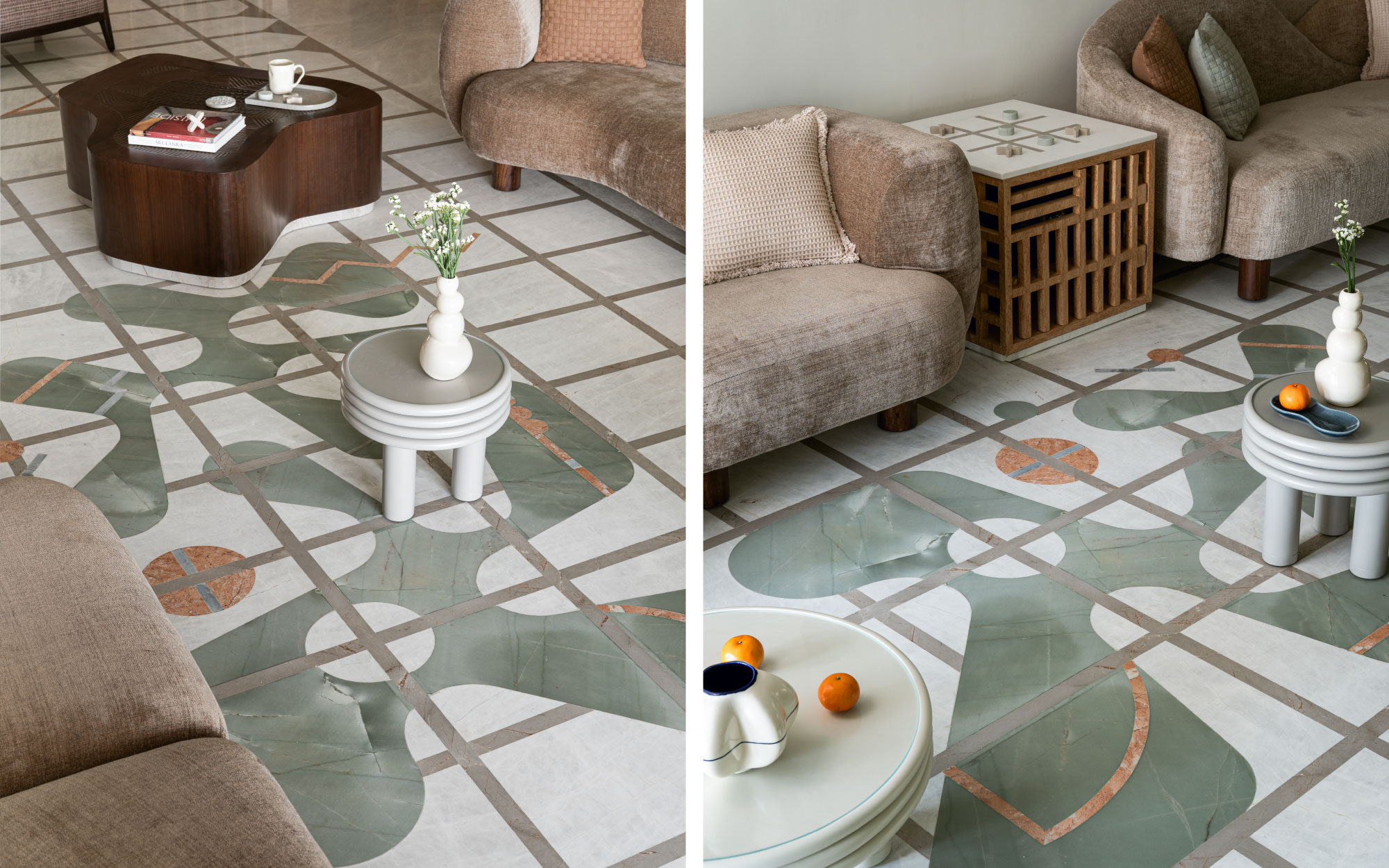 A disciplined, hand-laid marble grid serves as the foundation, strategically interrupted by fluid, amoeba-like silhouettes that wander through the living area. (Image Credits: Nayan Soni)