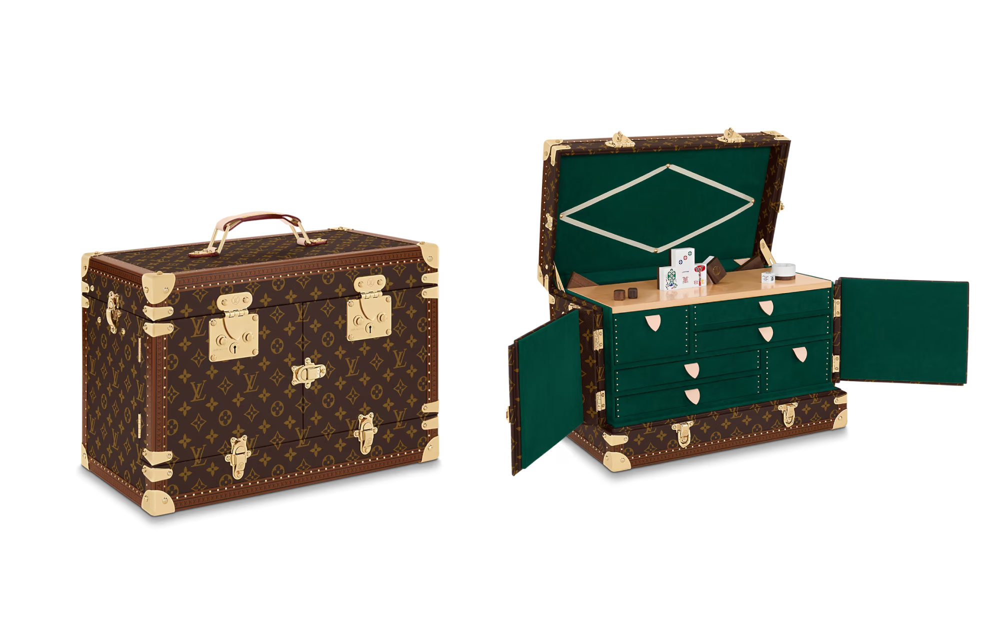 Right: Wrapped in Louis Vuitton’s iconic monogram canvas and trimmed in natural cowhide. Left: The trunk opens to reveal a pine-green interior, a forest-hued contrast from the deep brown. Price - ₹ 56 lakhs. (Image Credits: Louis Vuitton)