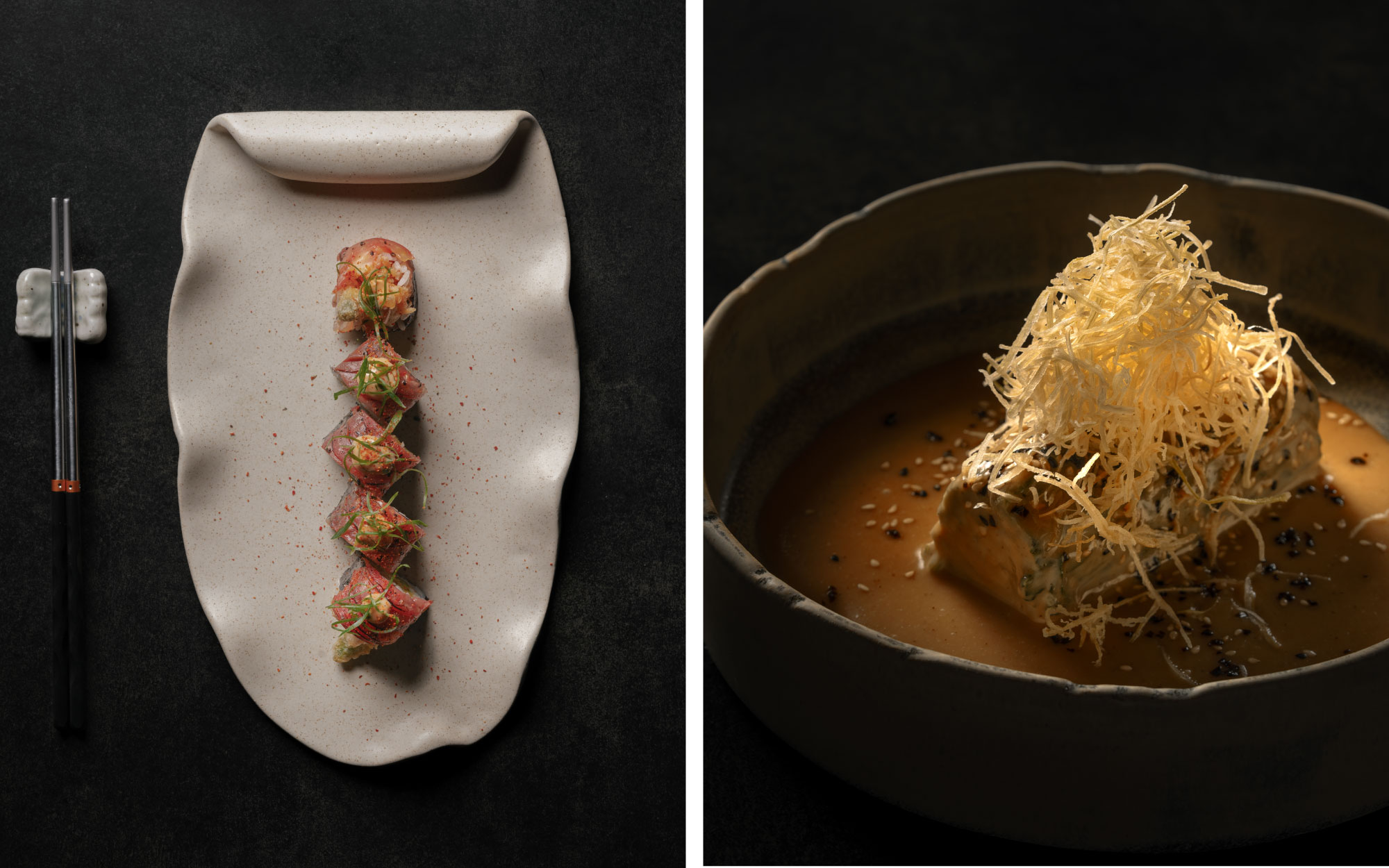 The vegetarian plate steals the show, like the pickled tomato sushi and the Gomadaru salad. (Image Credit: Oju Colaba)