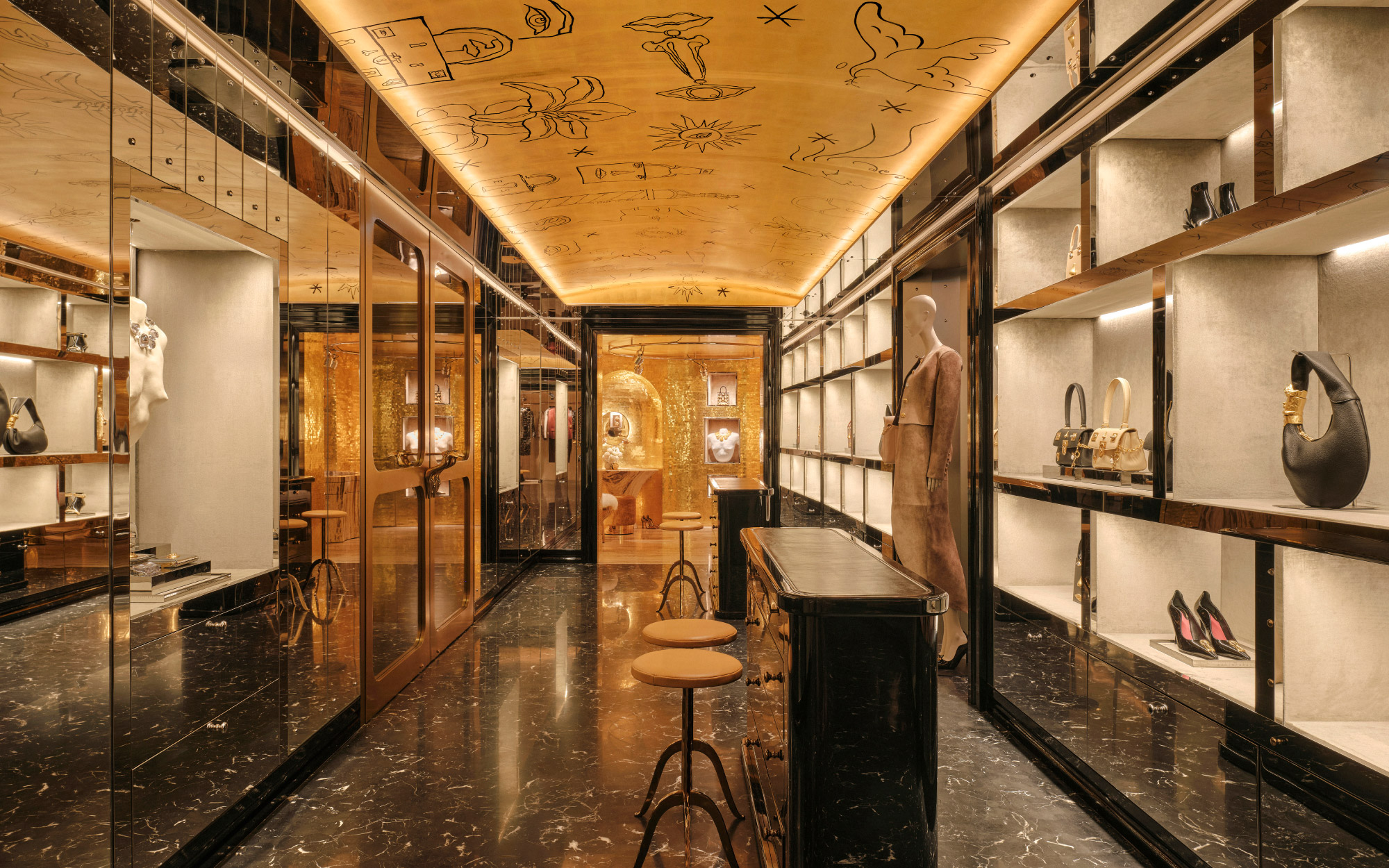 The boutique unfolds as a carefully choreographed sequence of interconnected rooms, each revealing itself with deliberate ease. (Image Credit: Schiaparelli) 