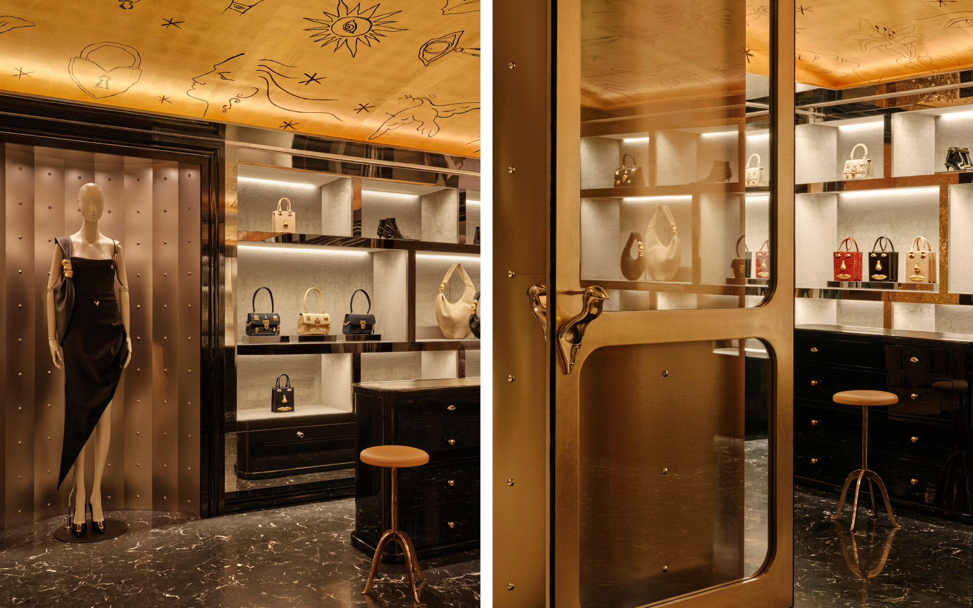 Left: Overhead, the illustrated ceiling becomes a surrealist canvas, suspending Schiaparelli’s enduring codes in a dreamlike glow. Right: The gold accents, paired with surrealist motifs like the gilded sandal door knob, evoke Schiaparelli’s unmistakable couture whimsy. (Image Credit: Schiaparelli)