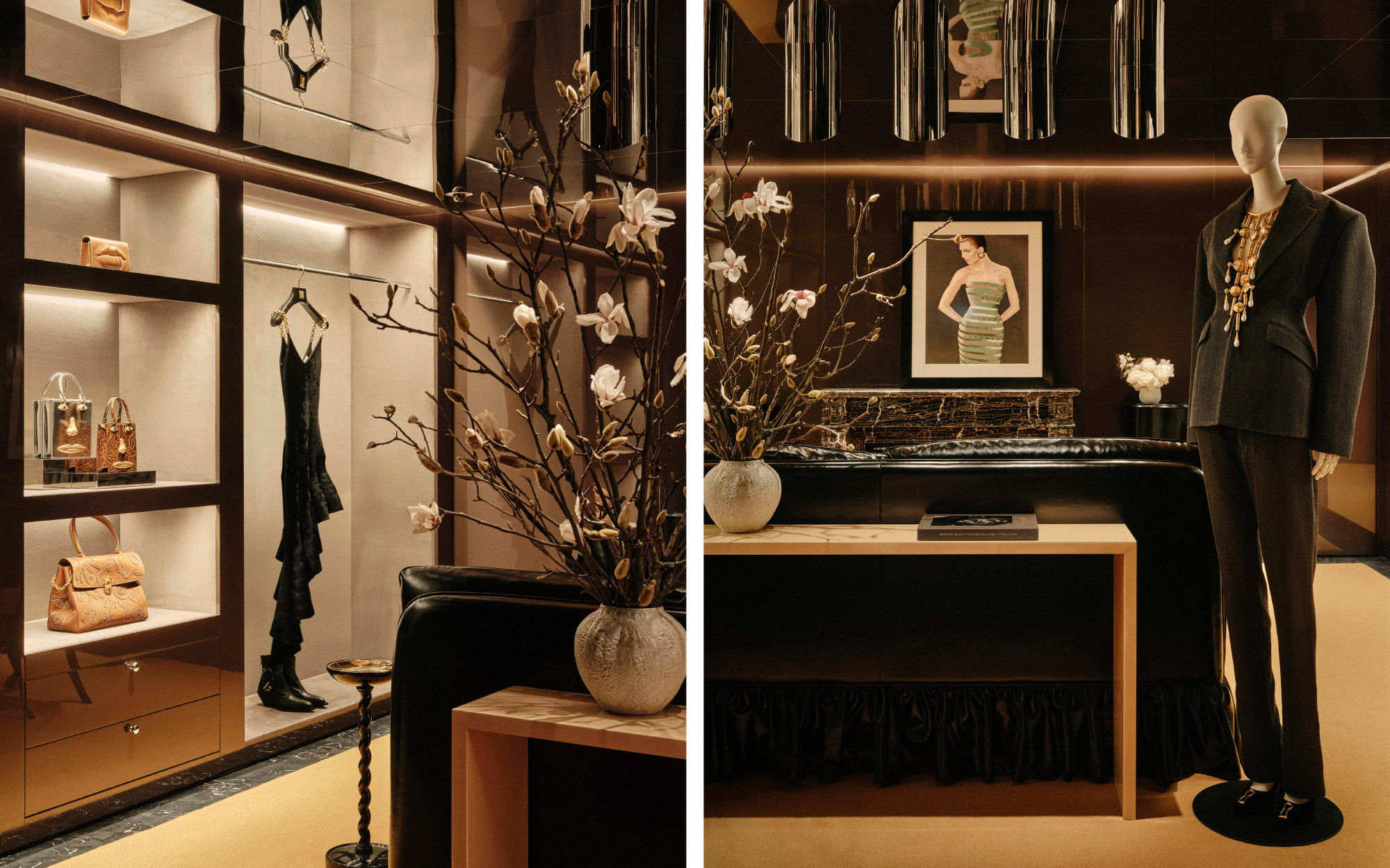 Left: The recessed alcoves read as architectural pockets of intrigue, subtly spotlighting the Maison’s artefacts. Right: Spring–Summer 2026 ready-to-wear is presented alongside leather goods, with bijoux drawn from the Fall–Winter 2025 collection. (Image Credit: Schiaparelli)