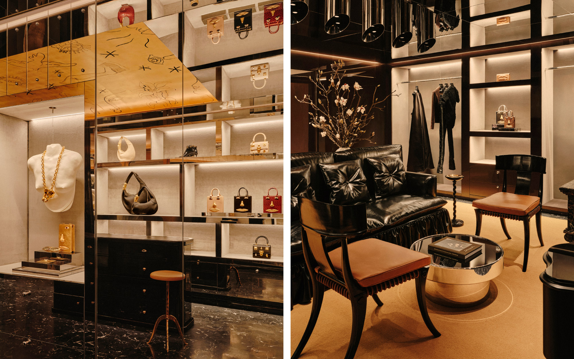 Left: Featuring the Maison’s signature eyes, lips and noses, the bags blur accessory and artefact, transforming the display into a moment of interaction. Right: Iconic pieces anchor the edit in the maison’s enduring codes. (Image Credit: Schiaparelli)