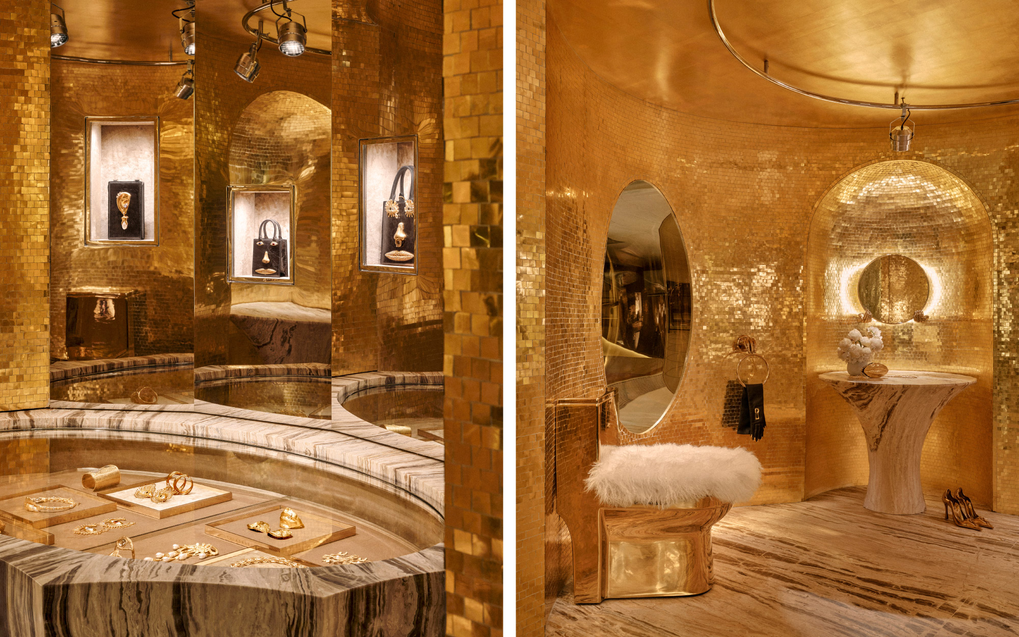 Left: A bathtub turns surreal, shedding function to moonlight as a bijoux showcase. Right: A gold mosaic–clad bath glows under opulence, softened by furry accents and anchored by a sculptural marble table. (Image Credit: Schiaparelli)