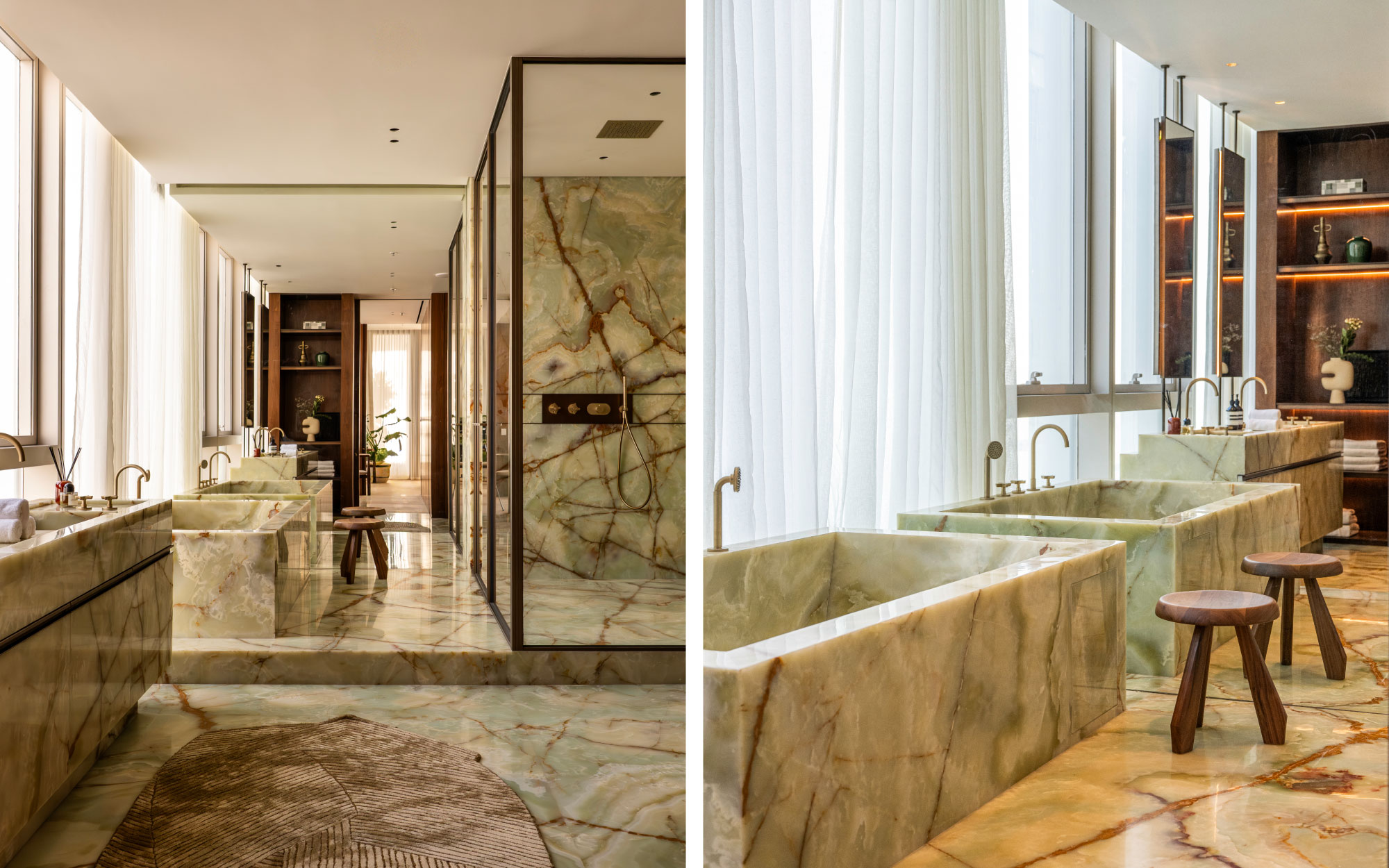 The vanity is set against a full-height window, framing sweeping city views from the 45th floor. Pocket doors continue to allow these private spaces to open or retreat into complete privacy. (Image Credit: Patricia Goijens)