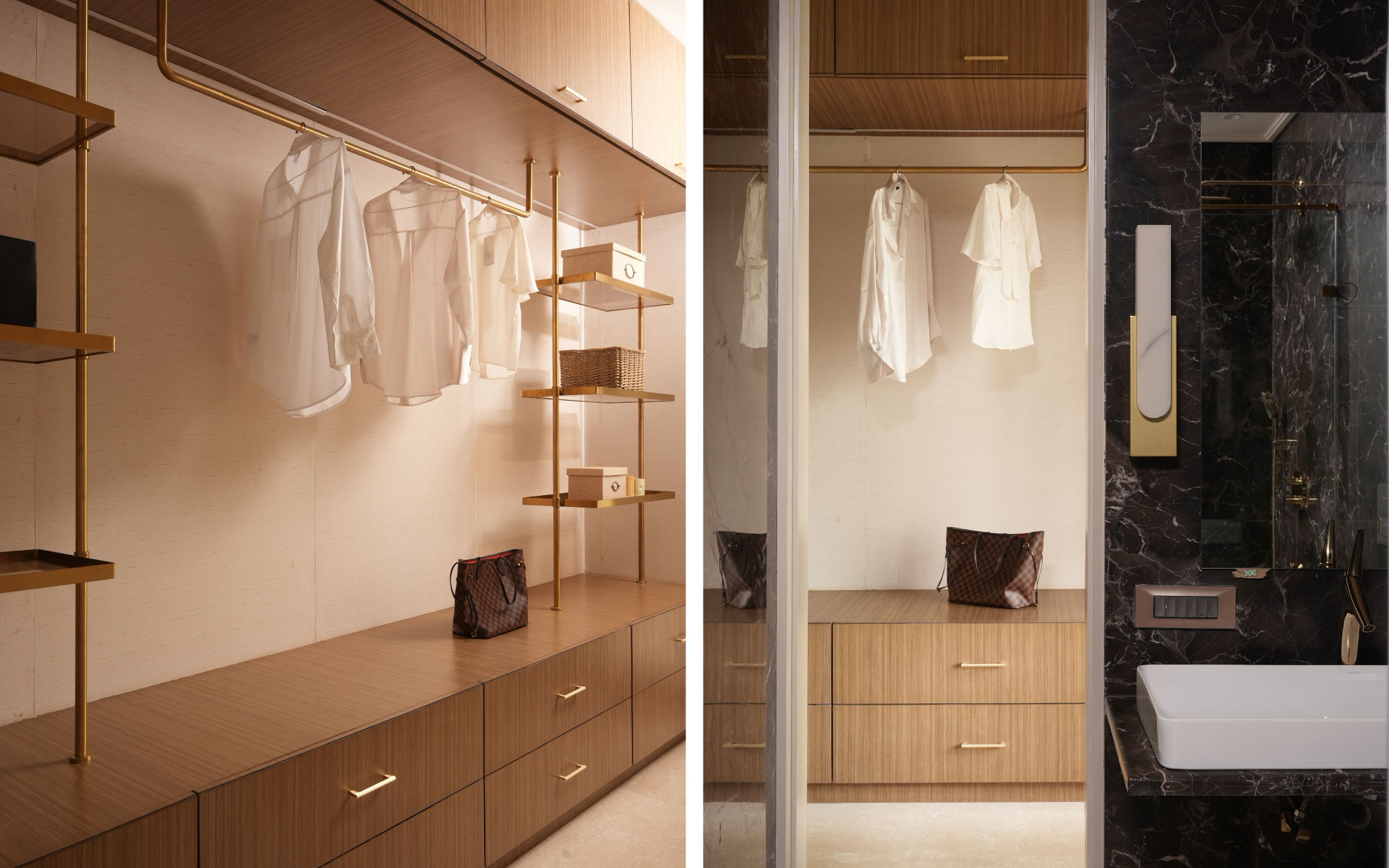 Left: Open shelving and concealed storage work in harmony, reflecting a deeply personal and considered approach to dressing. Right: Positioned just beyond the bathroom, this walk-in wardrobe is conceived as a seamless extension of daily rituals. (Image Credits: Sagar Mandal)