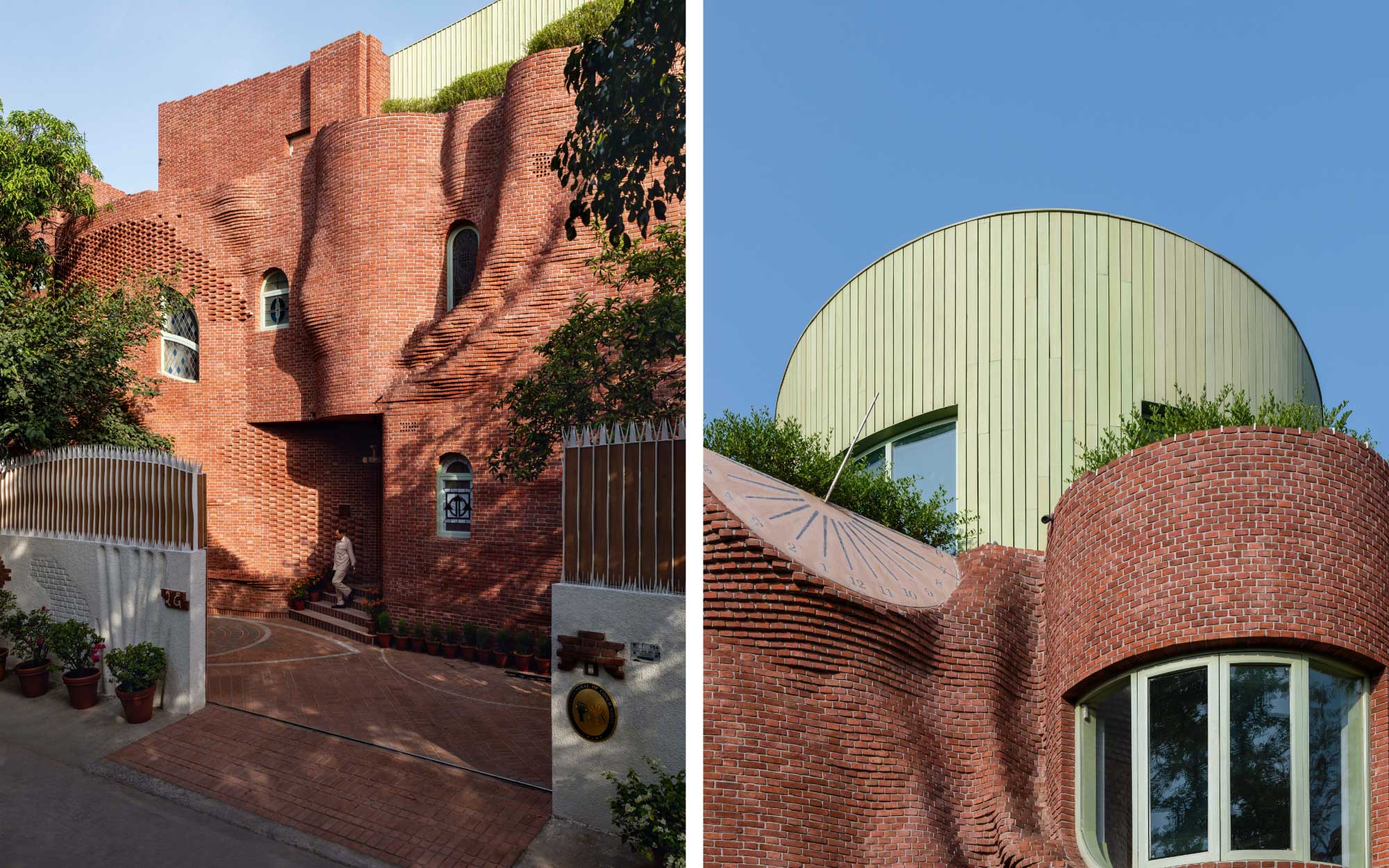 Left: The material absorbs light rather than reflecting it, allowing the façade to feel alive rather than applied. Stone inlay for embedded poetry has been executed by master craftsmen from Agra for over two years. Right: There is a street-facing sundial, a civic gesture within the façade. (Image Credits: Pankaj Anand)