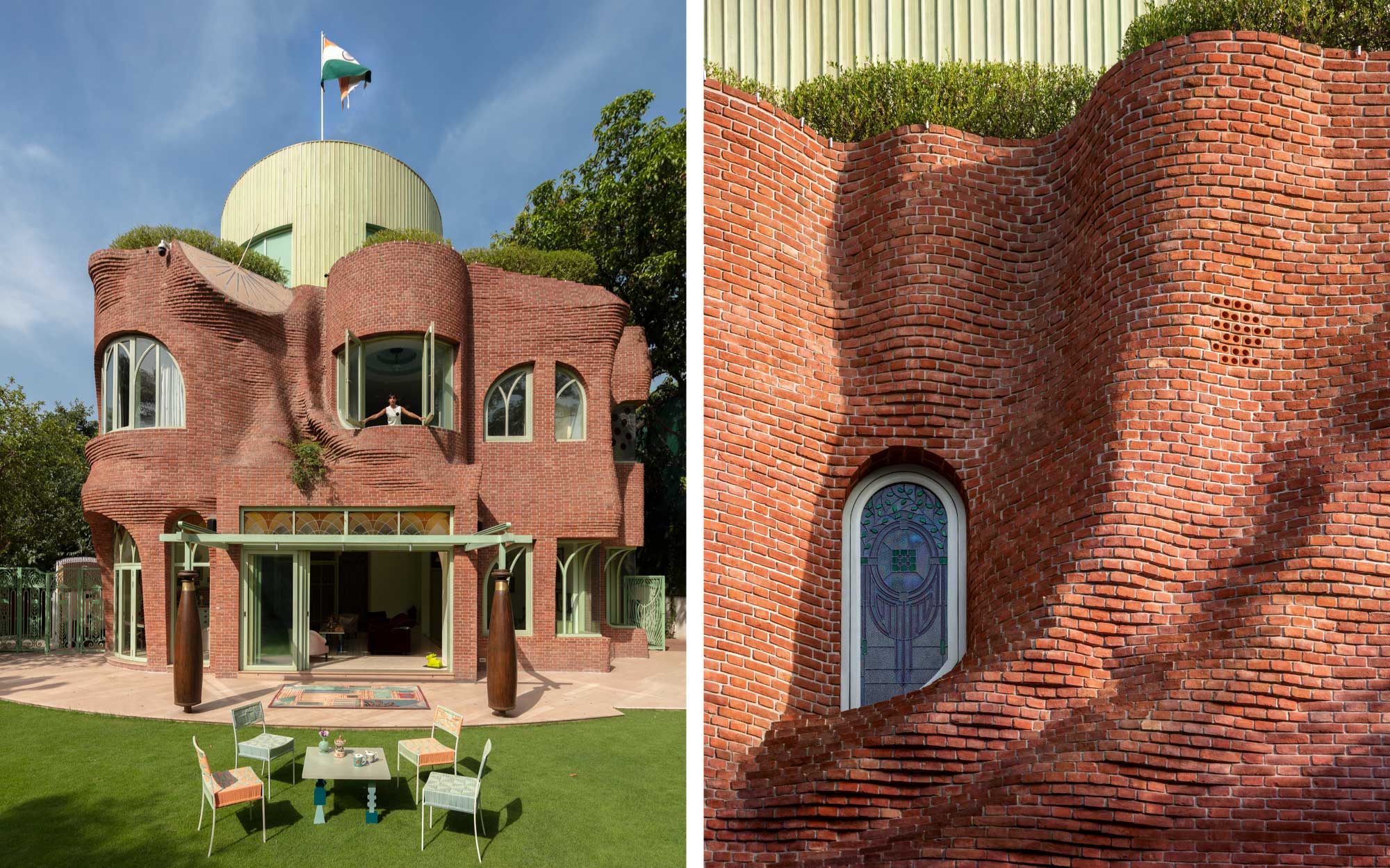 Left: The 100K Brick House, where curves bend the façade and hand-shaped timber window frames in sage green form complex arches. Right: Stained glass inserts introduce colour as filtered light rather than surface treatment. (Image Credits: Pankaj Anand)