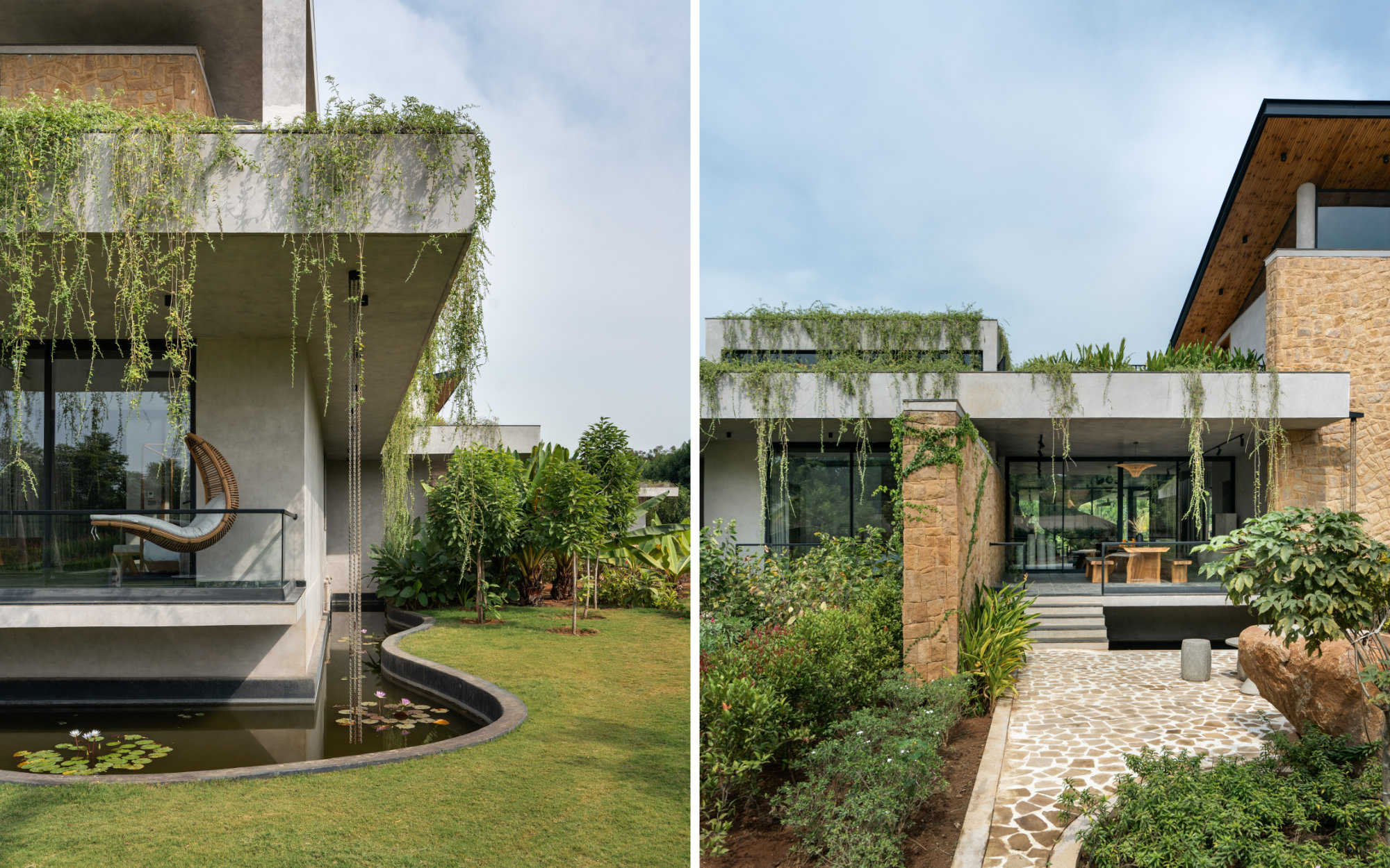 Left: Lime plaster washed exteriors form the canvas upon which cascade creepers from the extended overhangs above. A cosy recliner by Dbodhi & Otazen creates a comforting nook. Right: Khamman brown sandstone lends its soft beige to layered sit-outs. Live-edge furniture by Dbodhi & Otazen is perched on the verandah. (Image Credits: Shamanth Patil)

