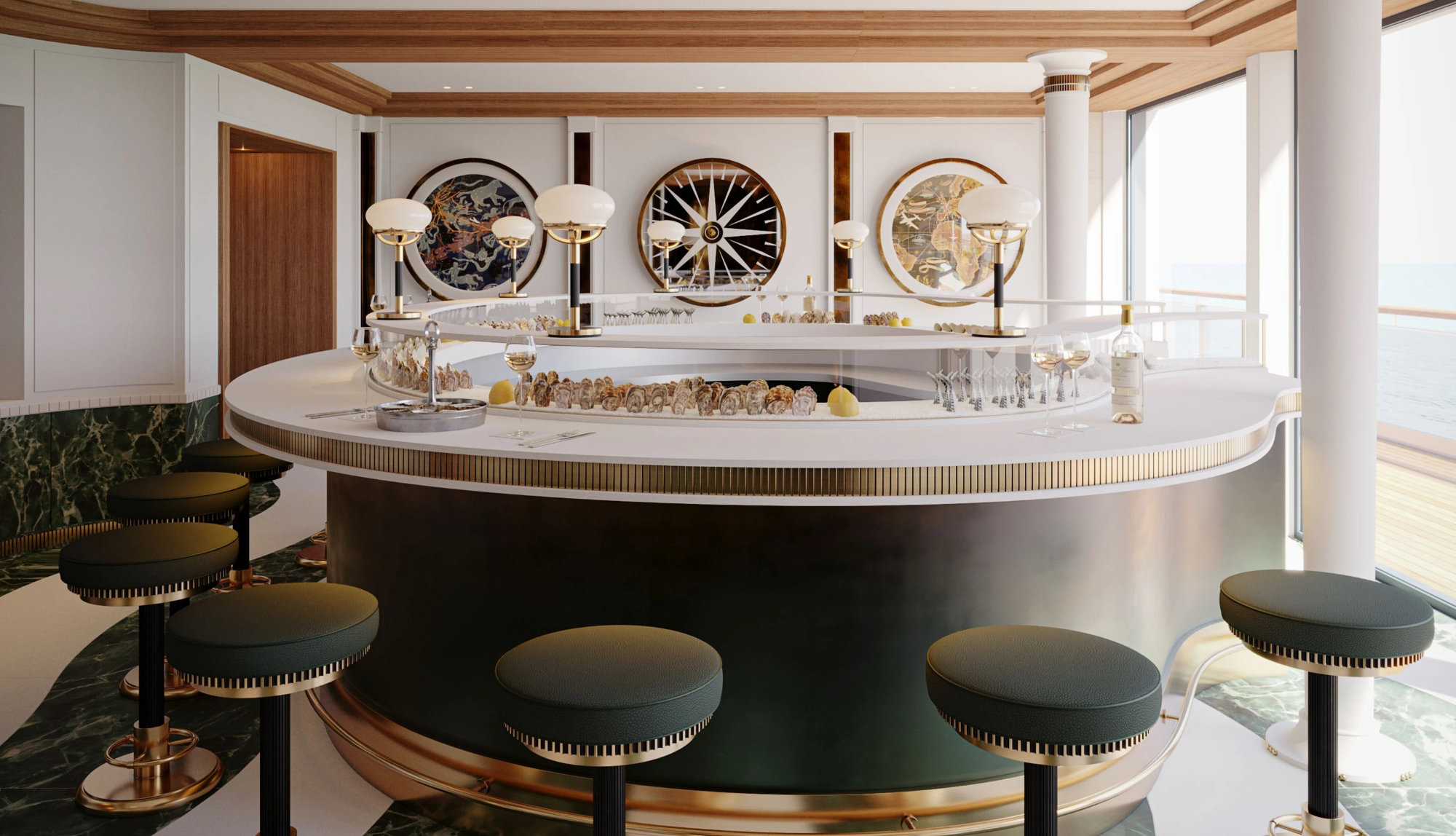 L’Encre, the yacht’s signature seafood restaurant, embodies the spirit of travel in its most refined form. The design evokes the romance of maritime exploration, creating a setting where the ocean feels ever-present. (Image Credit: Orient Express)