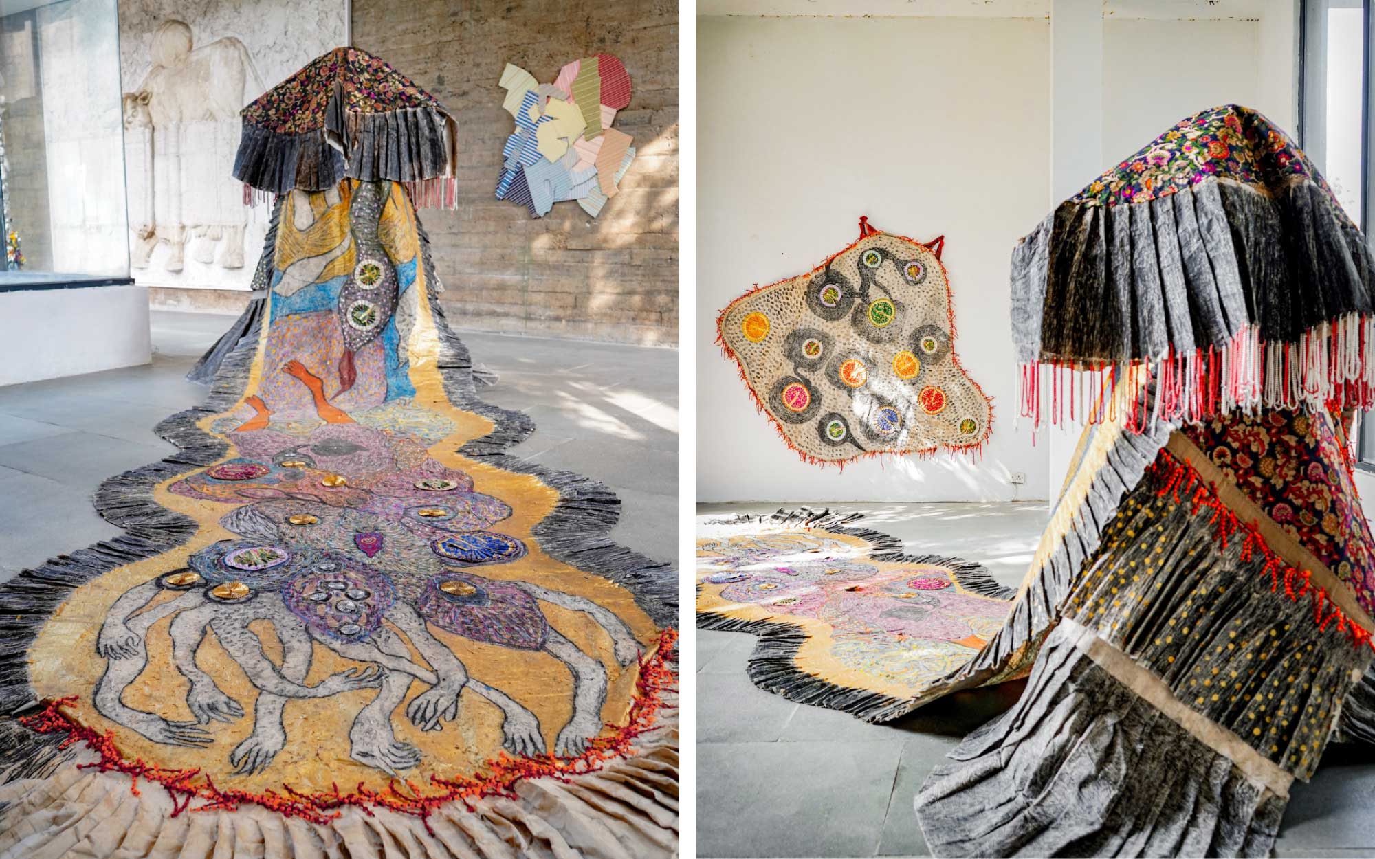 Installation shots of the costume/sculptural dress for the performance ‘Scent of a Celestial Garden’ by Debashish Paul at ‘Disobident Objects: The Biography of Clothes’ at STIR, 2026. (Image Credits: Debashish Paul & Emami Art, Photography by Bikash Choudhury)