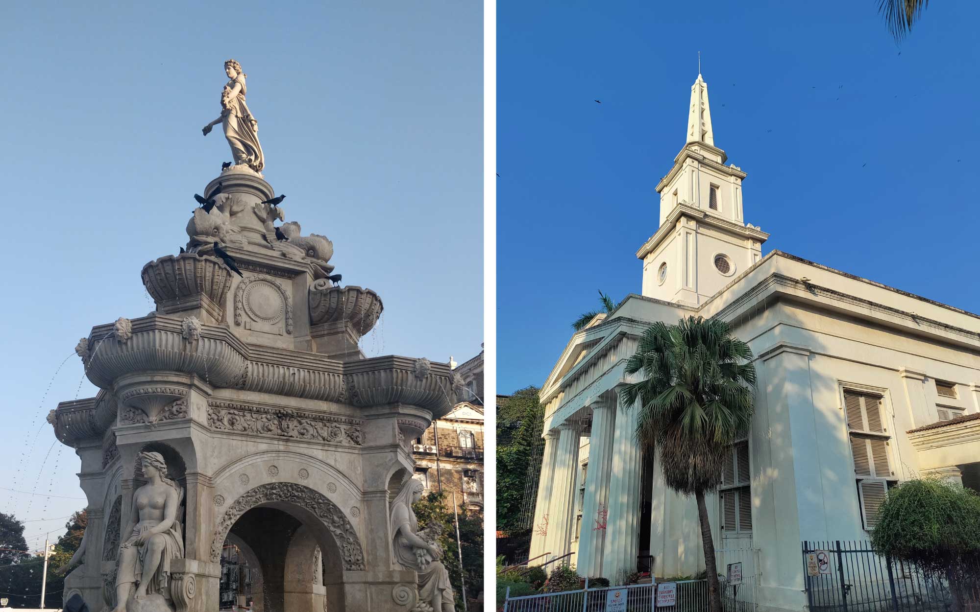 Left: The 155-year-old Grade I heritage structure of Flora Fountain was restored by architect Vikas Dilawari in 2019. Right: The 19th-century Neoclassical Christ Church, with its UNESCO Asia-Pacific of Merit accolade in 2017, was restored by Dilawari. (Image Credits: Vikas Dilawari Architects)