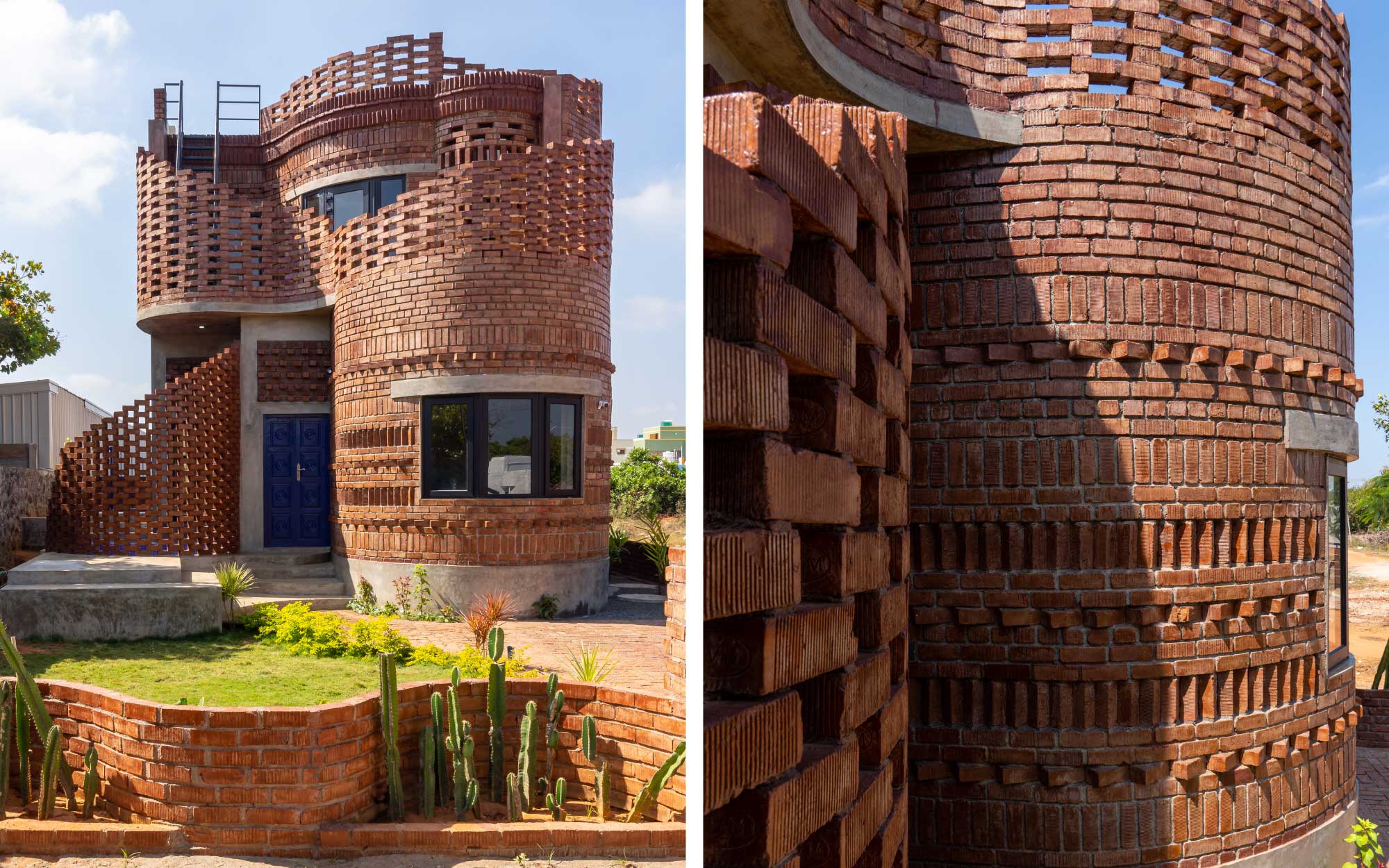 Left: House of Dancing Cactus seeks to mimic the waves of the sea. The garden wall is built in a unique, snake-like shape. Right: The wavy brick façade is perforated, allowing users to connect to the outdoors while maintaining their privacy. (Image Credits: Kaptured Studios)