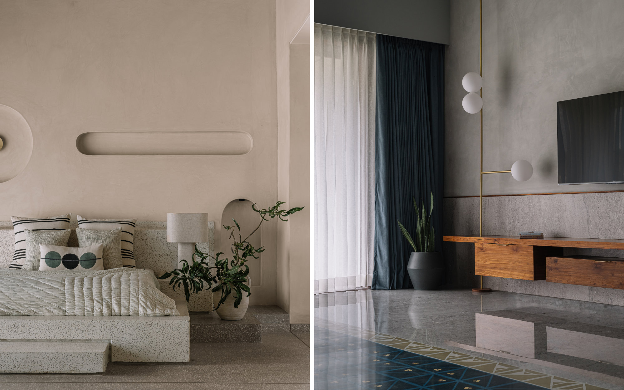 Left: Grey-and-white cast-in-situ terrazzo flooring and bed, complemented by soft furnishings from Abstrac Home. Right: A glimpse of the custom Bharat Flooring cement tile inlay in the master suite. (Image Credits: Ishita Sitwala)
