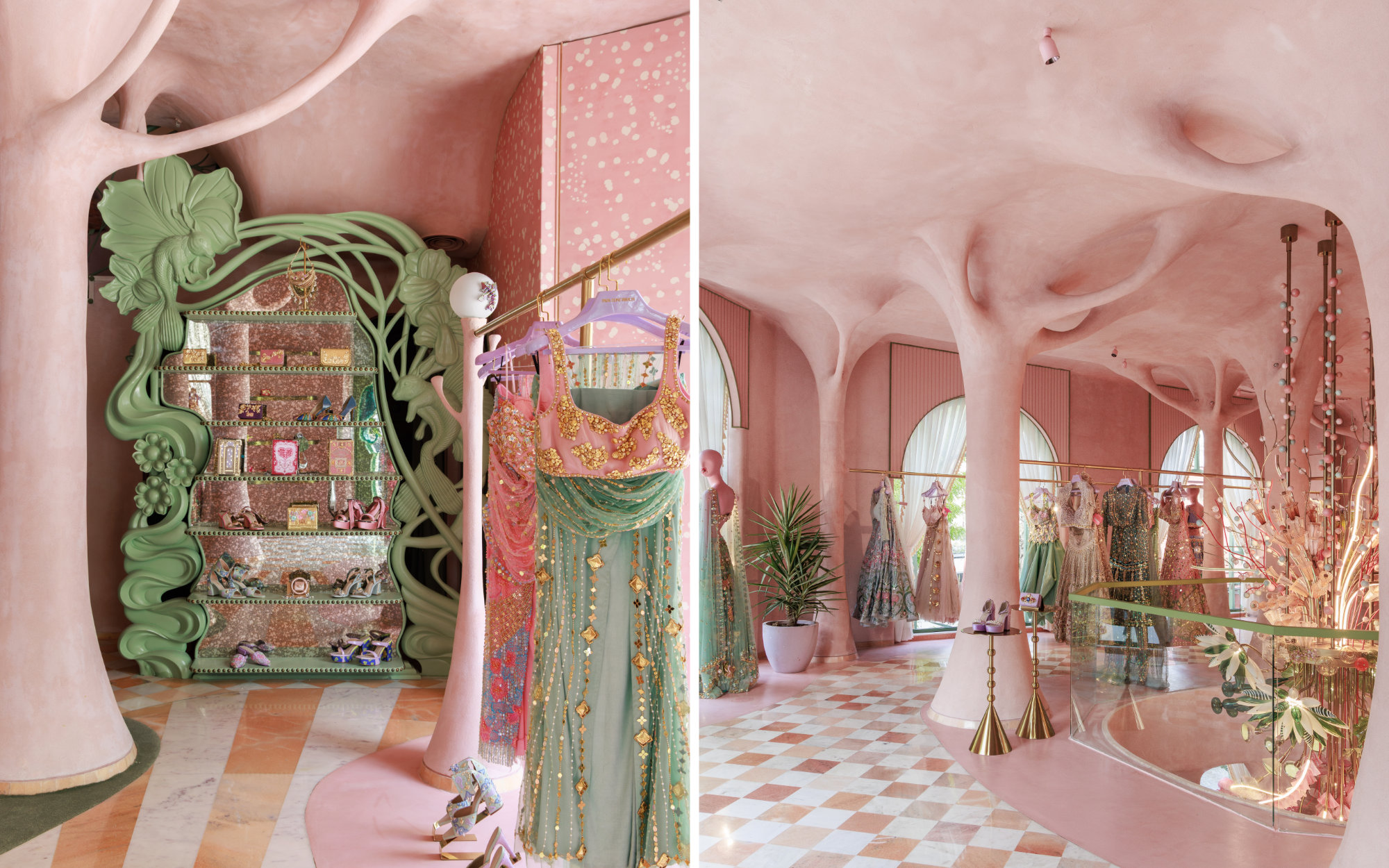 Blush-tinted surfaces and structural columns reimagined as ethereal trees envelop the visitor in a cloud of pastel-soaked maximalism. (Image Credits: Janvi Thakkar - Wabi Sabi Studios)
