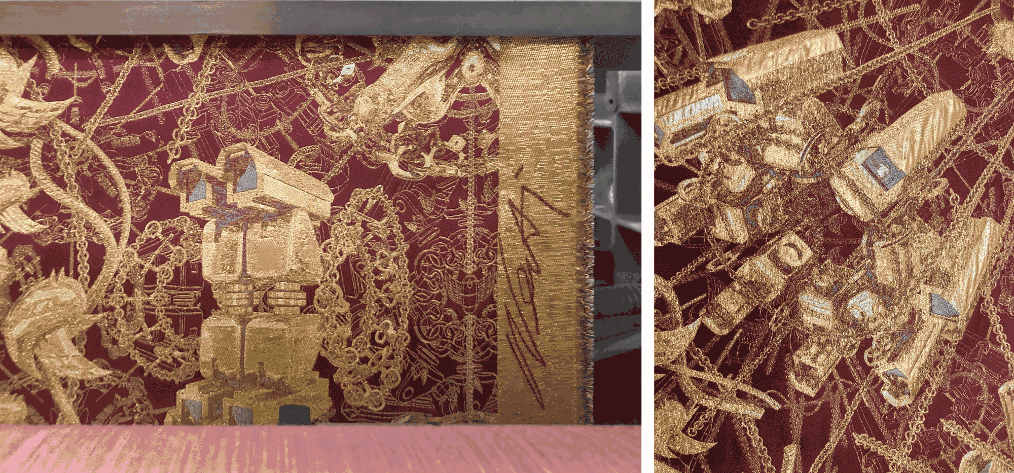 Left: Motifs of surveillance cameras, chains and Twitter birds fluttering. Right: (Image credits: Felipe Sanguinetti)
