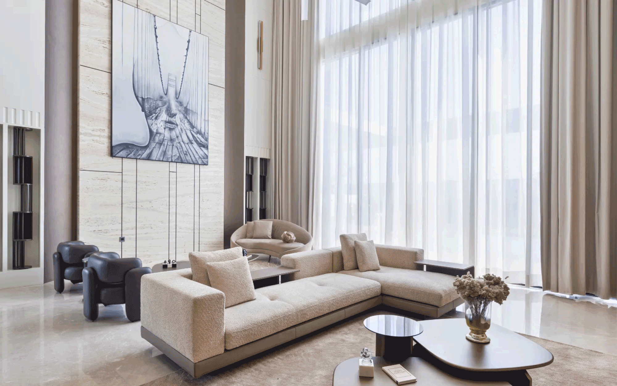 The interplay of black, white, and beige creates a harmonious balance in the parlour. All artefacts have been sourced from Hölzer. (Image Credits: Purnesh Dev Nikhanj)