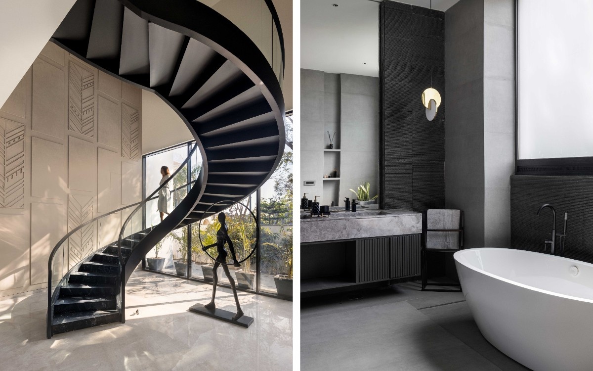 Left: The dark-toned spiral staircase and standalone figurine set a striking contrast with the marble stone flooring by Lovely Marbles. Right: The luxurious bathroom features new colours, finishes, and Kohler luxury sanitaryware. (Image Credits: Purnesh Dev Nikhanj)
