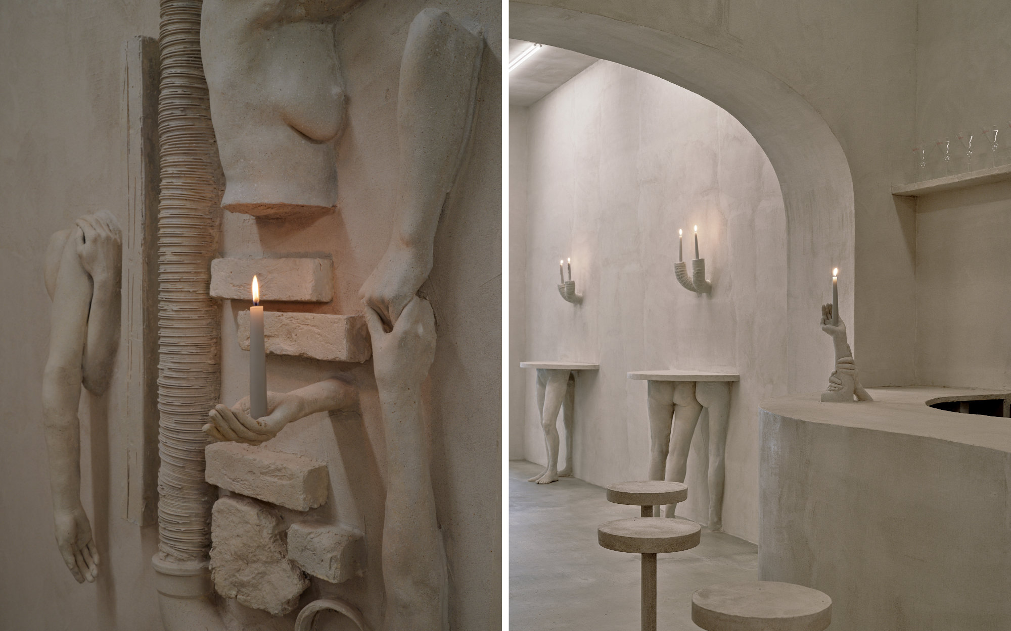 Left: Plaster limbs intertwine with industrial materials—pipes, bricks, and timber—evoking both structural support and uncanny, almost anthropomorphic architecture. Right: The bar’s sinuous sweep finds its mirror in the outstretched hands, each transformed into a flickering candlestick. (Image Credits: Jasper Fry) 