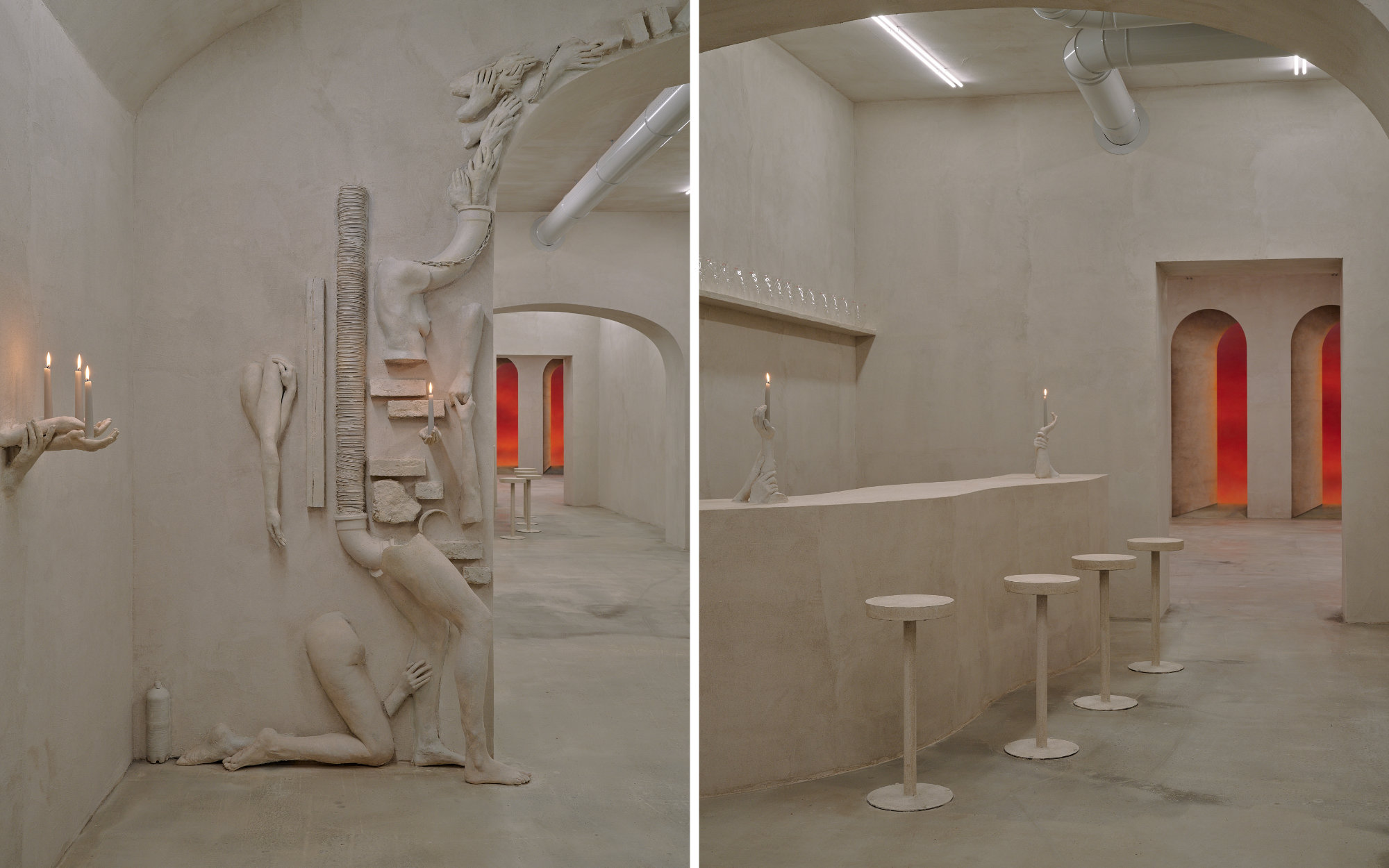 Left: Sculpted hands emerge from the arch, entwining with pipes and beams, as if guiding the molten forms into uncanny, industrial choreography. Right: By day, the space relies on conventional gallery lighting; by night, flickering candles, cradled in an array of anonymous hands, cast the bar in a haunting glow. (Image Credits: Jasper Fry) 