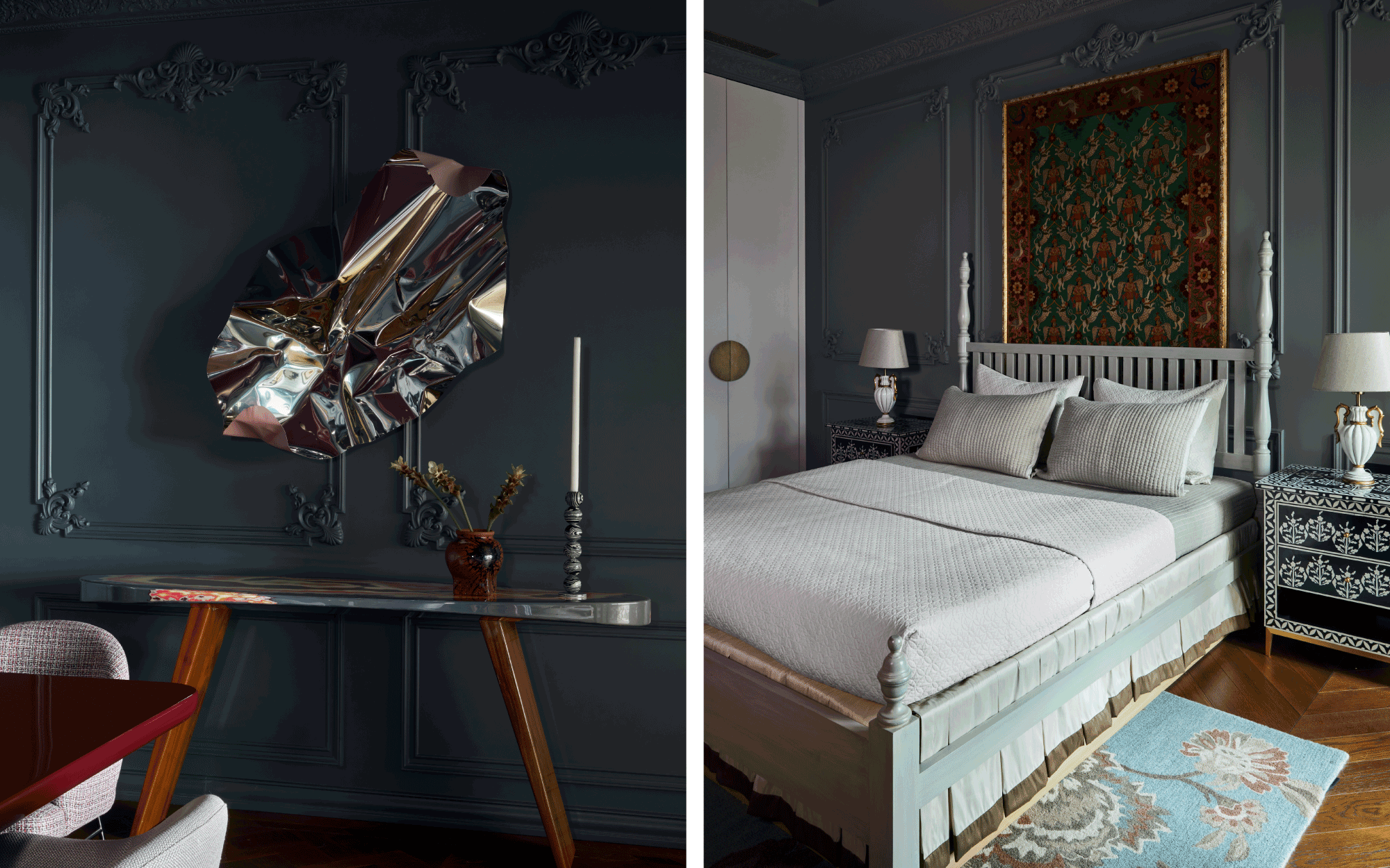 Left: The dining area features a ‘Pringle Table’ by Rooshad Shroff paired with a wall sculpture by Hitesh Guilder. Right: In the guest bedroom, an Obeetee rug anchors the space, paired with Sarita Handa bedding, the client’s own bed, custom bone-inlay bedside tables, and an antique Mochi artwork sourced from Ganesh Emporium. (Image Credits: Ashish Sahi)