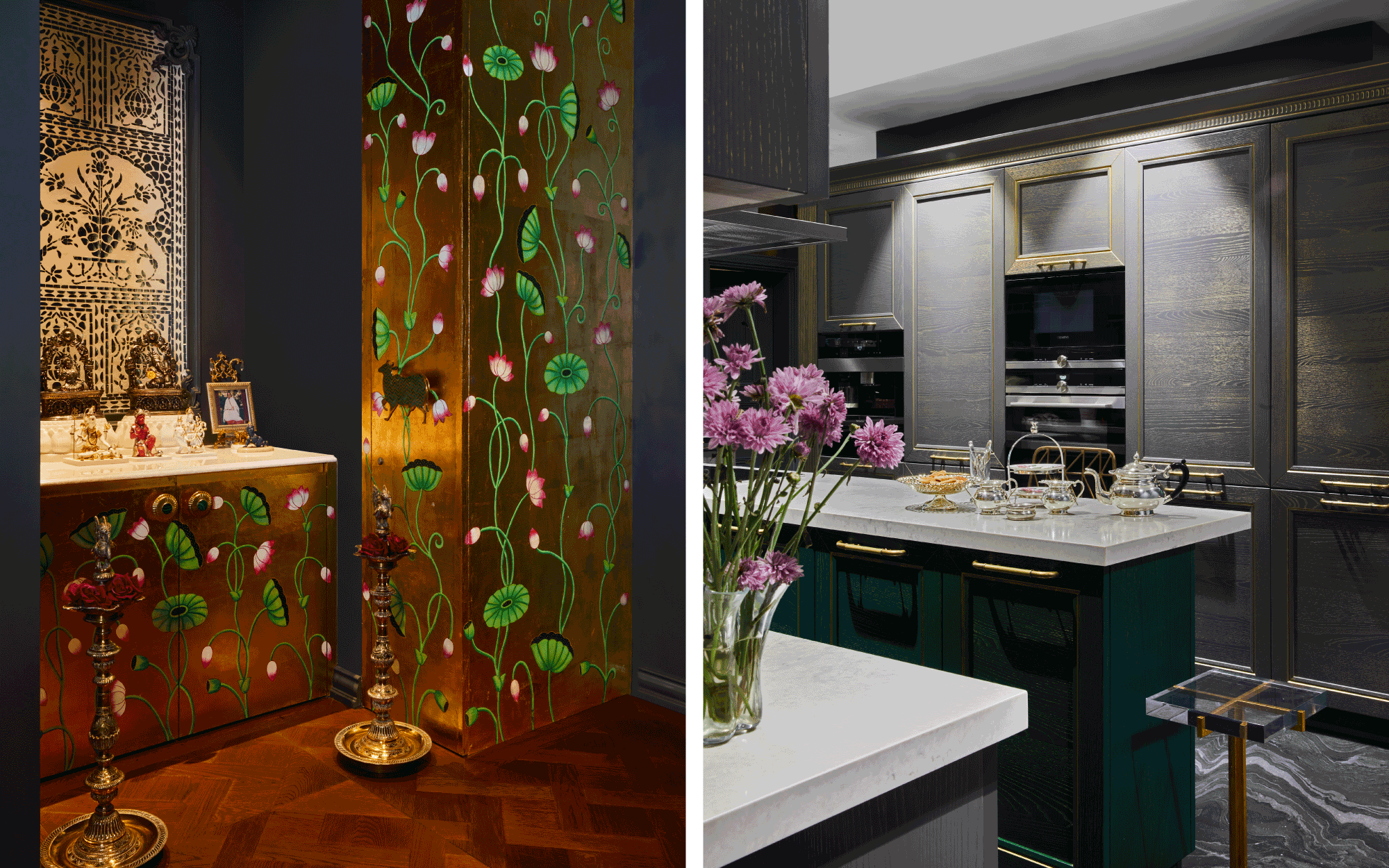 Left: In the mandir, a thikri wall panel crafted on site by artisans from Udaipur forms a luminous backdrop, while custom in-built cabinetry features hand-painting and gold leafing executed by local artisans from Jaipur, finished with handles from Viya. Right: The kitchen, maintaining the charcoal palette, is sourced from Grandeur Interiors, while the appliances are from Siemens and Miele. (Image Credits: Ashish Sahi)