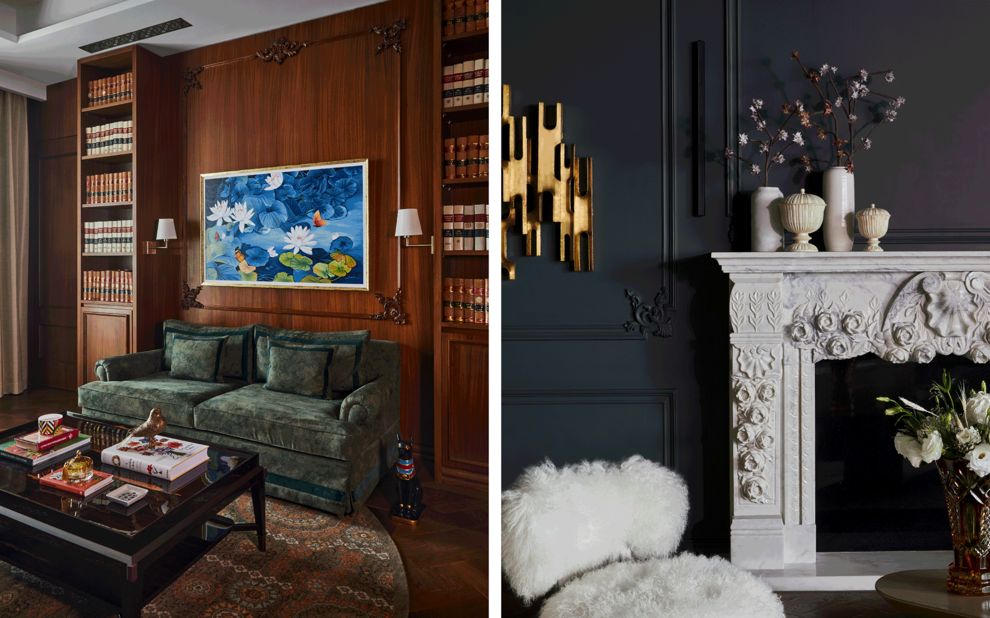 Left: In the study area, clad in wood panelling, an Obeetee rug anchors the space, while all the furniture is from DemuroDas. Right: In the living room, a hand-carved marble fireplace adorned with delicate floral motifs reinforces the client's penchant for craft. (Image Credits: Ashish Sahi)