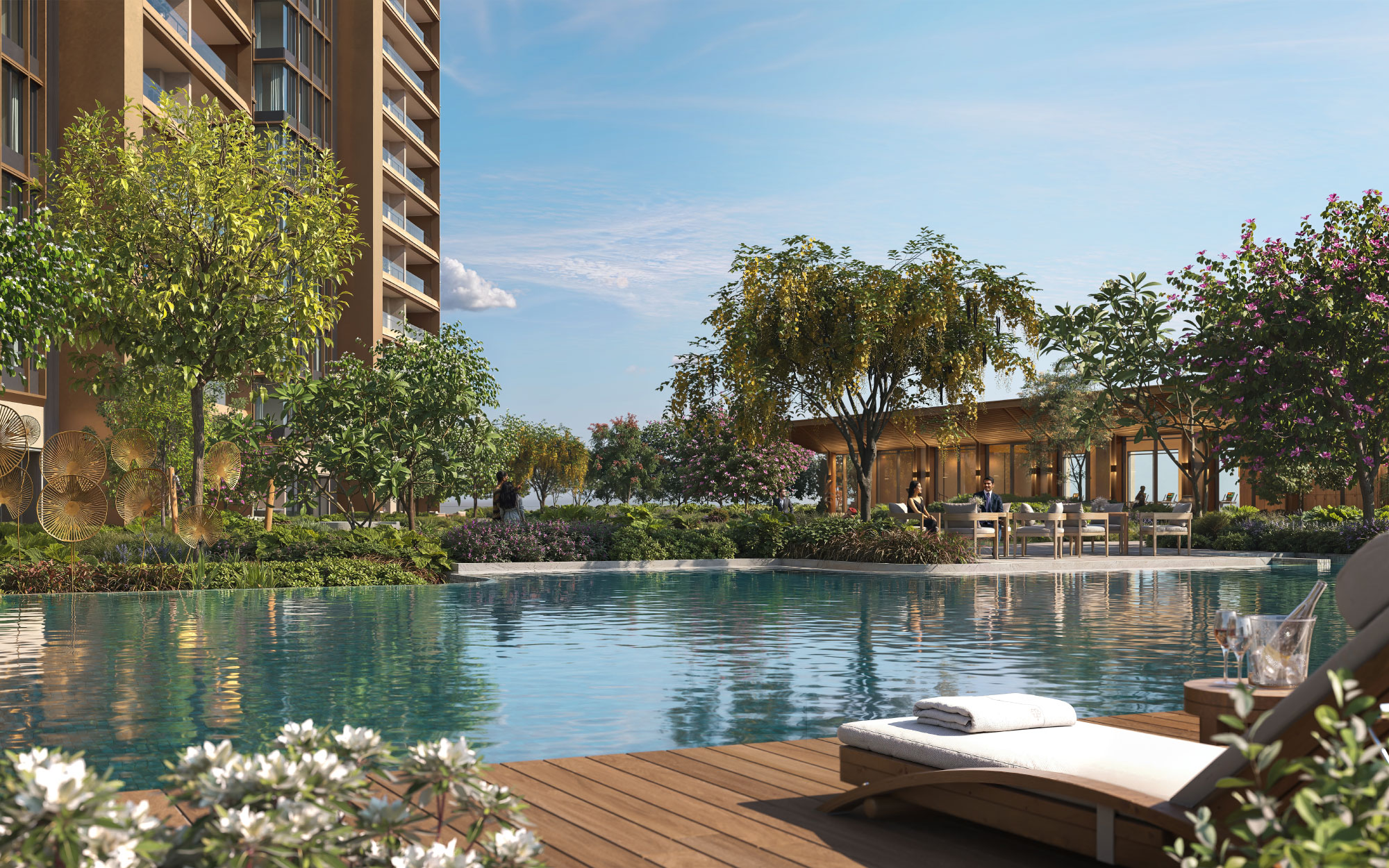 A contemplative pause within the vertical community, where the poolside deck offers resort-like calm. (Image Credits: Kalpataru Limited)
