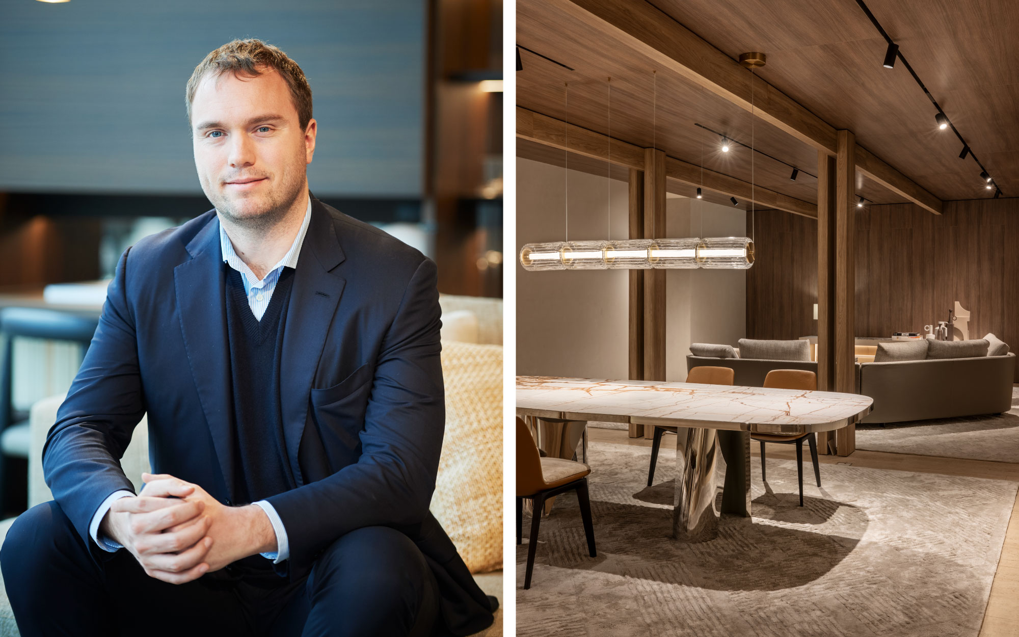 Left: Portrait of Giovanni Molteni, Vice President and grandson of the Molteni&C founders. Right: The dining setting is anchored by the Lise table by Christophe Delcourt, paired with the Devon chairs by Rodolfo Dordoni. (Image Credits: Courtesy of Molteni&C)