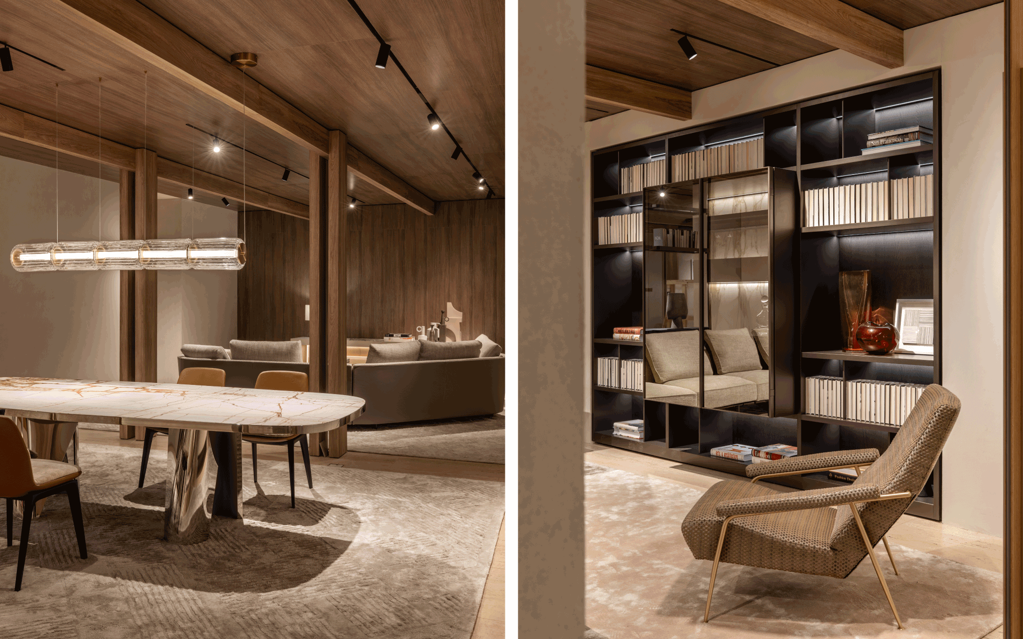 Left: The dining setting is anchored by the Lise table by Christophe Delcourt, paired with the Devon chairs by Rodolfo Dordoni. Right: Originally designed in 1953 for his Milan home, the D.153.1 armchair by Gio Ponti is reissued by Molteni&C from the Gio Ponti archives. (Image Credits: Courtesy of Molteni&C)