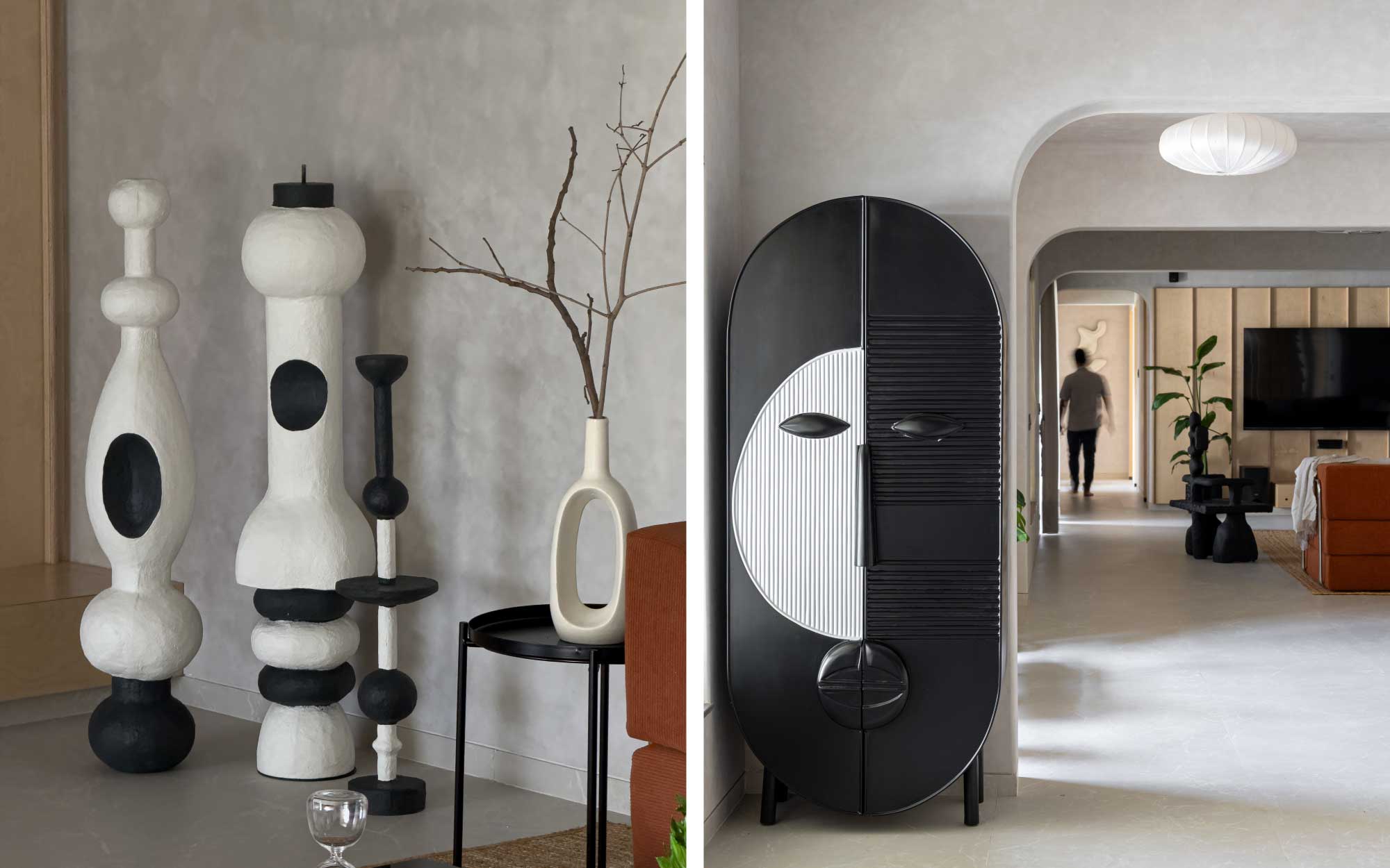 Custom artwork from The Soul of Mache Art studio, the mask wall showcase and the cabinet from The Mask Studio give the space a unique character. (Image Credits: Viveekajeet Purohit)