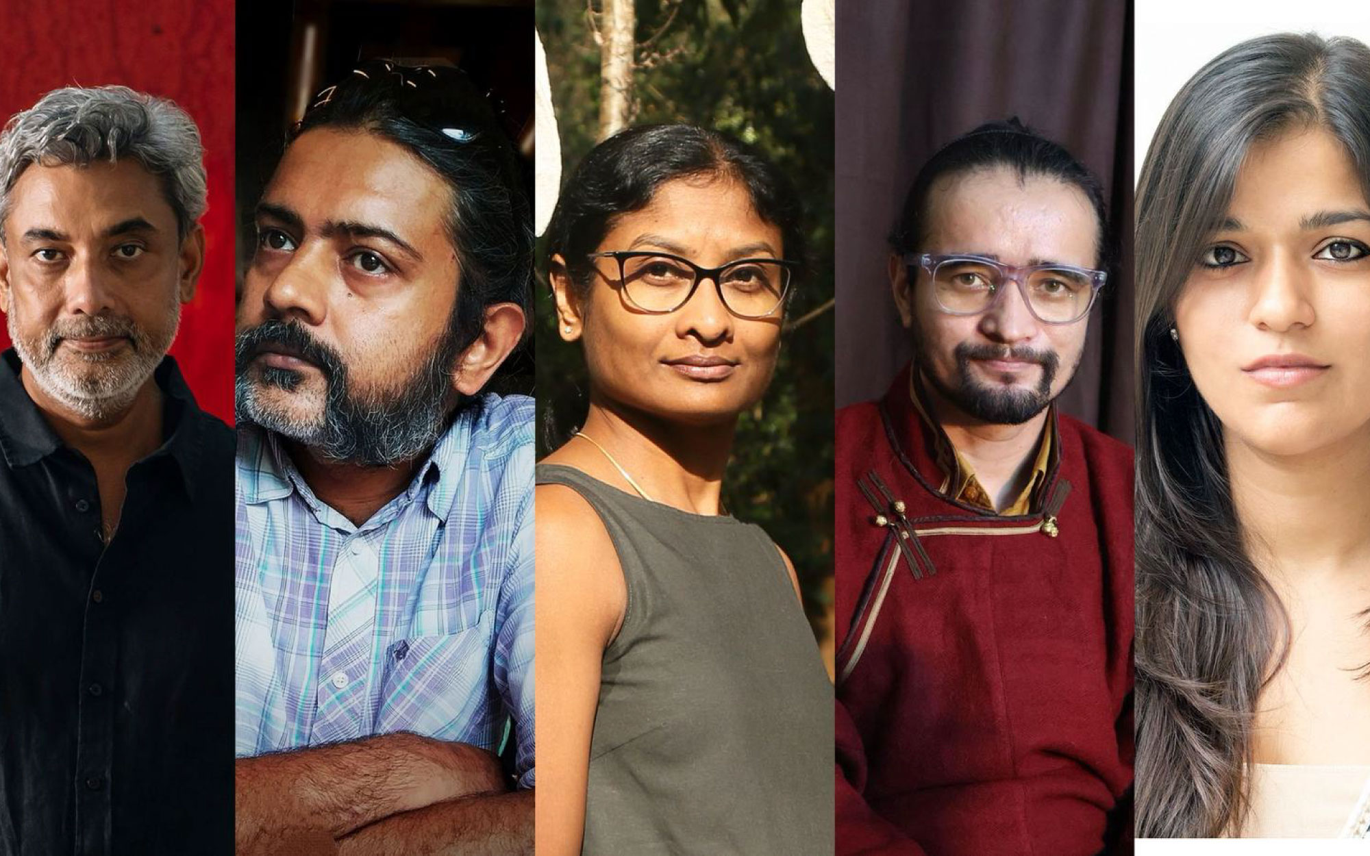 India Pavilion participating artists (L-R): Alwar Balasubramaniam, Asim Waqif, Ranjani Shettar, Skarma Sonam Tashi, and Sumakshi Singh. (Image Credits: (L-R): courtesy Balasubramaniam and Talwar Gallery; Richa Sahai; Ranjani Shettar and Talwar Gallery; artopedia.ind, and Sunder Ramu)