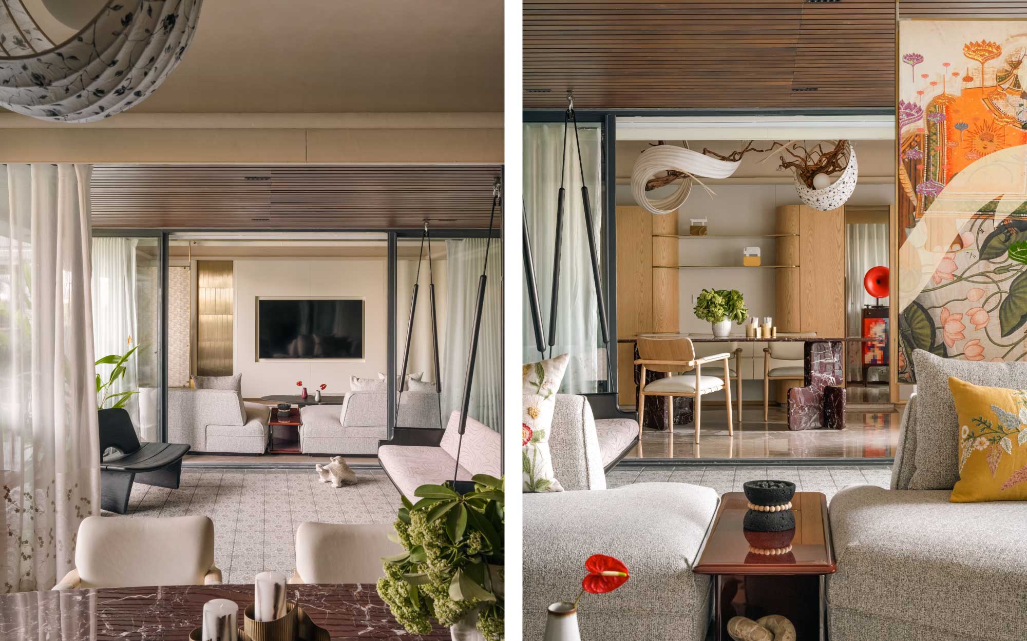 Left: Openness at heart, the home features a central courtyard-inspired space connected to the dining and living on either side. Right: The moving artwork in the living room is by Ujjval Shah of Noya Studio. (Image credits: Murtaza Gandhi)

